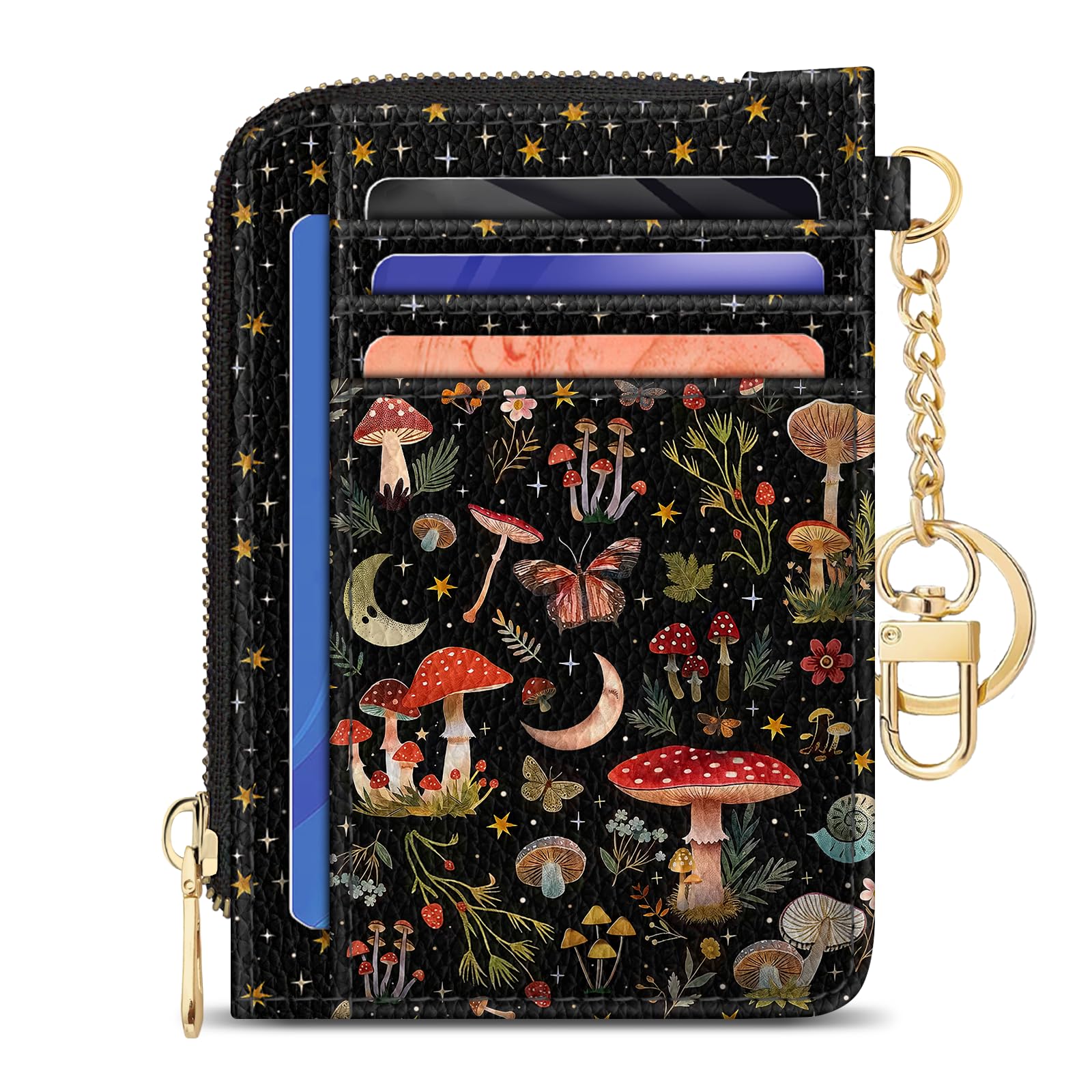 GIANCOMICS Slim Wallet Credit Card Holder Women, Mushroom Rfid Blocking Small Card Case, Keychain Thin Pocket Curved Zipper Wallet, Travel Card Holder