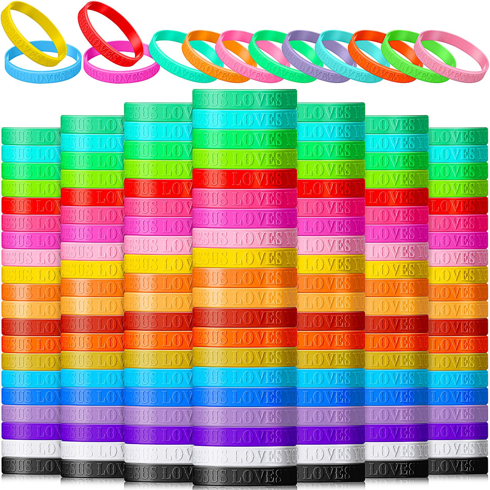 Jerify 200 Pcs Jesus Loves You Silicone Bracelet Christian Wristbands Bulk Bible Verse Rubber Bracelet Religious Colorful Bands for Party Favors Gifts
