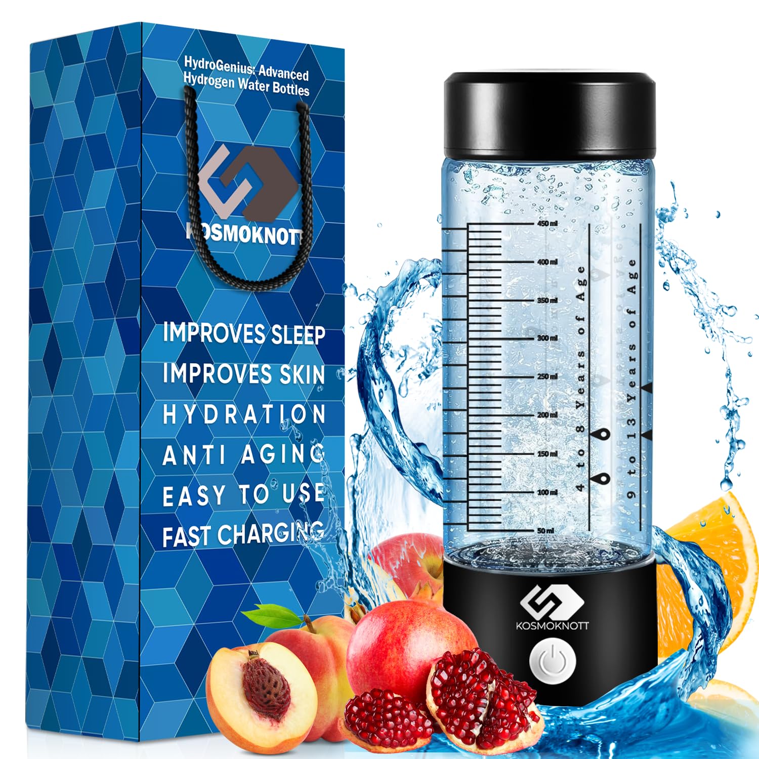 Hydrogen Water Bottle Generator – 3500 ppb Hydrogen-Infused Water for Better Hydration & Wellness | Improves Sleep & Skin | Fast Charging, Leak-Proof, Portable | Premium Health Gift by KosmoKnott