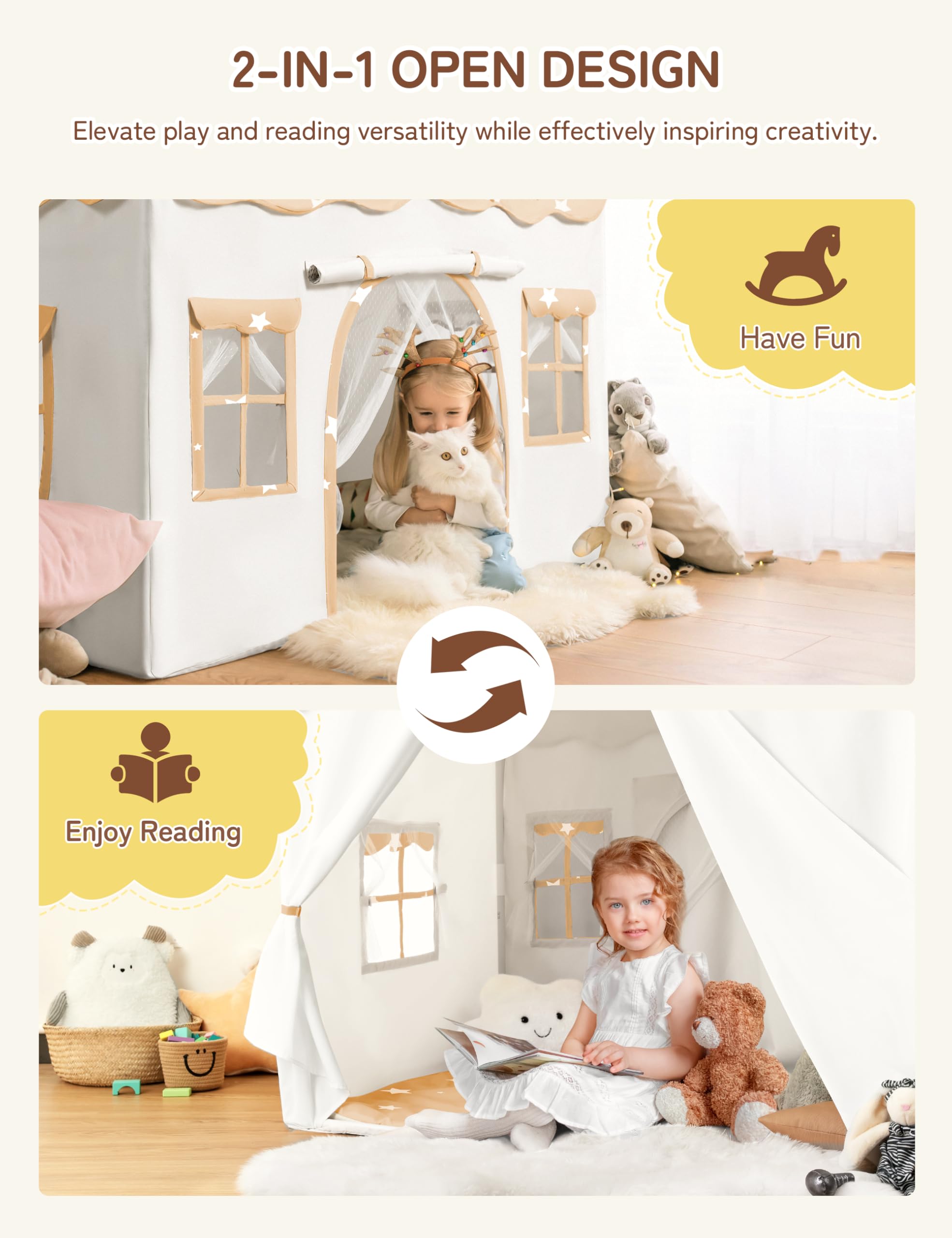 besrey 2 IN 1 Kinderzelt, Kinder Spielhaus Indoor mit Matte und Lichtern, Kinder Bettzelt,Spielzelt für Drinnen,Prinzessin Zelt, Kinderspielhaus, ab 3 Jahre mit Sternenmuster