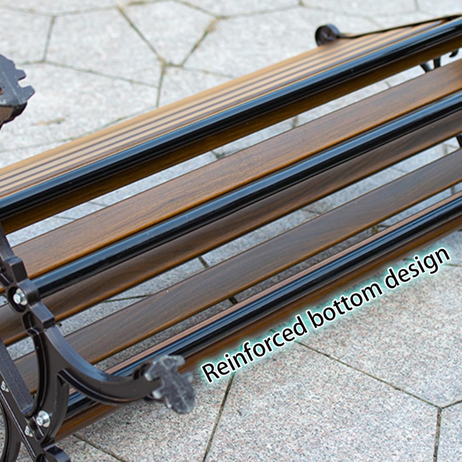Outdoor Bench, 2-Seater Garden Bench, Metal Bench with Backrest and Armrests, Park Patio Bench with Slatted Wood Seat, for Gardens, Courtyards, Corridor Entrances, Patios(Black,120cm/47.2in)