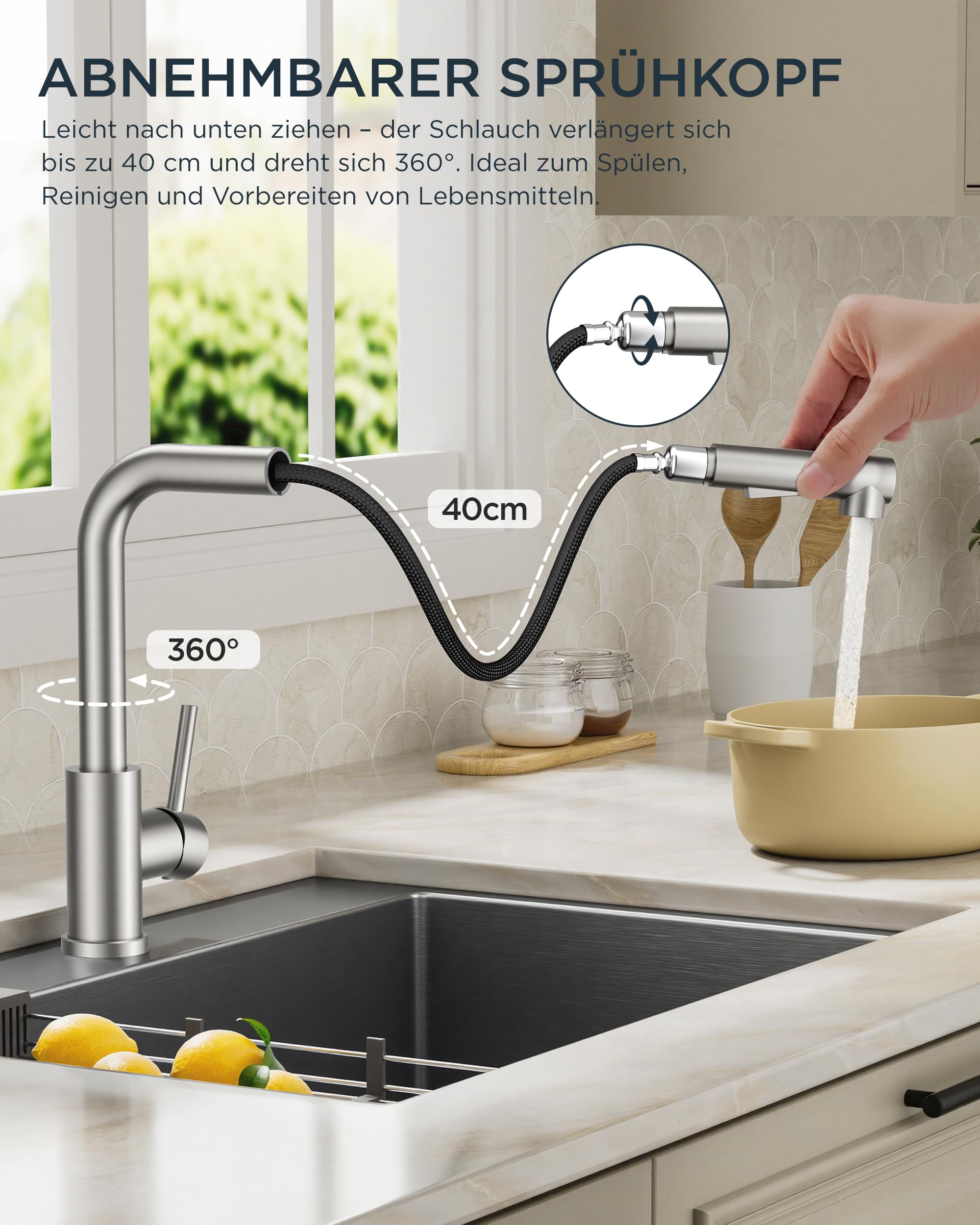 FORIOUS Niederdruck-Küchenarmatur, Einhebel-Warm- und Kaltwasserhahn, Wasserhahn mit 3 anschluessen fuer boiler, geeignet für Boiler und Untertischboiler, Roestvrij Staal