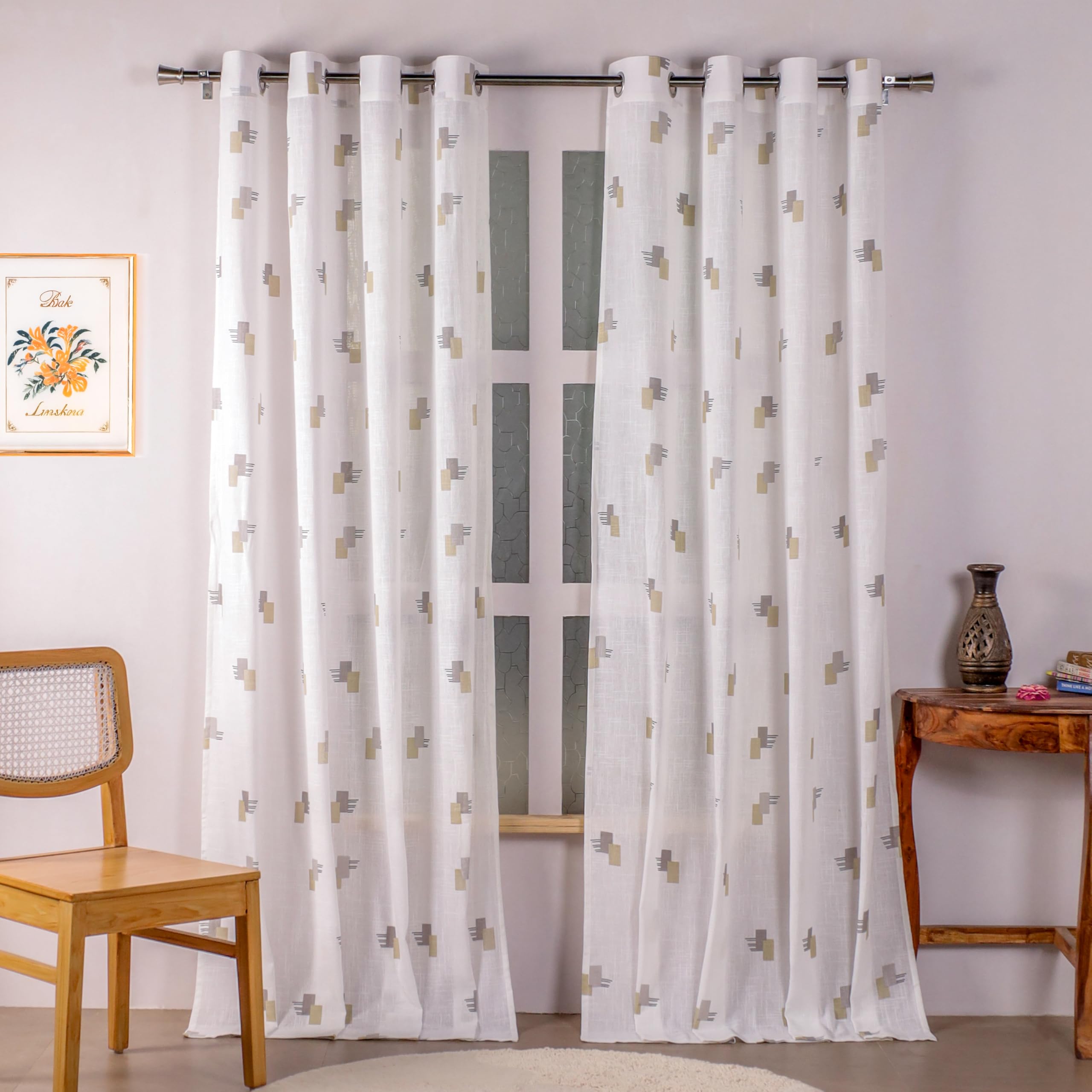HOMEMONDE Cotton Sheer Long Door 8 Feet Curtains Set of 2- Printed Sheer Light Filtering Curtain with Eyelets - (96 Inches, Silver & Mustard)
