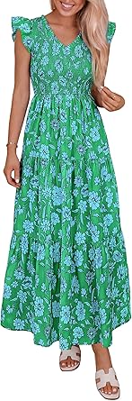 PRETTYGARDEN Womens Boho Floral Maxi Dress 2026 Summer Smocked V Neck Ruffle Sleeve Spring Flowy Beach Vacation Sundresses