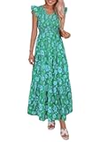 PRETTYGARDEN Women's Boho Floral Maxi Dress 2026 Summer Smocked V Neck Ruffle Sleeve Spring Flowy Beach Vacation Sundresses