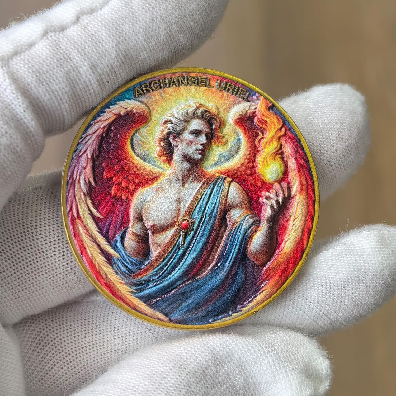 Archangel Uriel Challenge Coin - Spiritual Guidance Medallion with Prayer for Protection & Wisdom