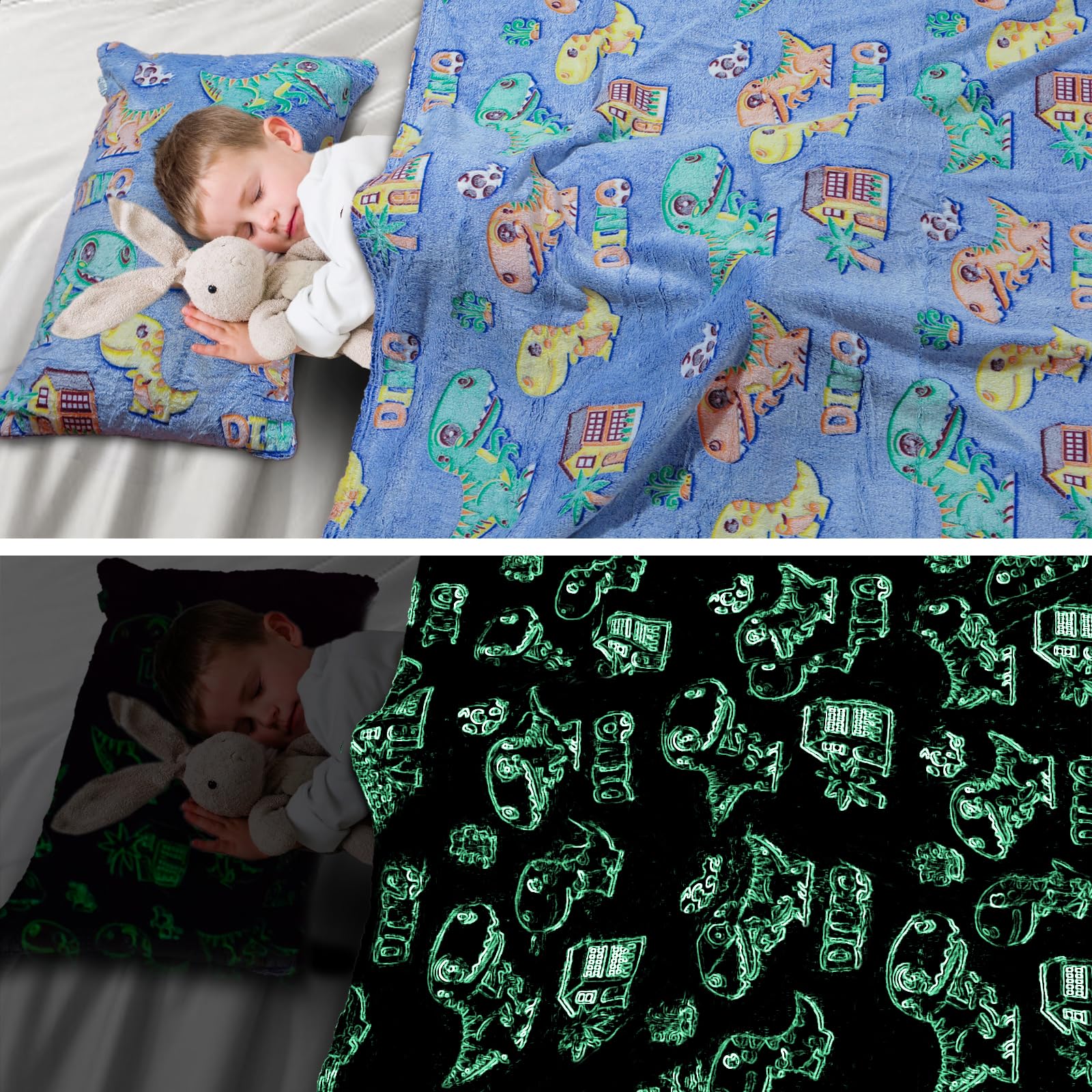 2 Stück Kuscheldecke Kinder, leuchten in der dunklen Decke Dinosaurierspielzeuggeschenke für Halloween, Dinosaurier Weiche Decke 200 x 150 cm und Kissenbezüge 60x40 cm Weiche Flauschig