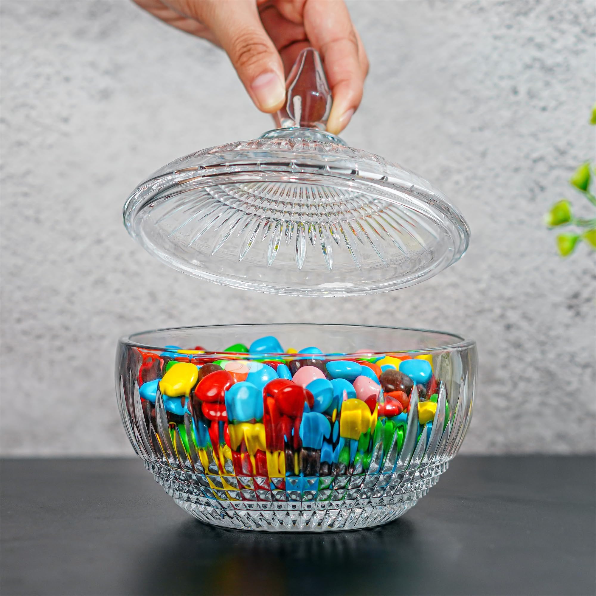 600 ml/21 oz Grande piatto di vetro per caramelle con coperchio, barattolo di vetro trasparente con coperchio, barattolo decorativo per buffet, feste, matrimoni, decorazione della casa, lavabile in