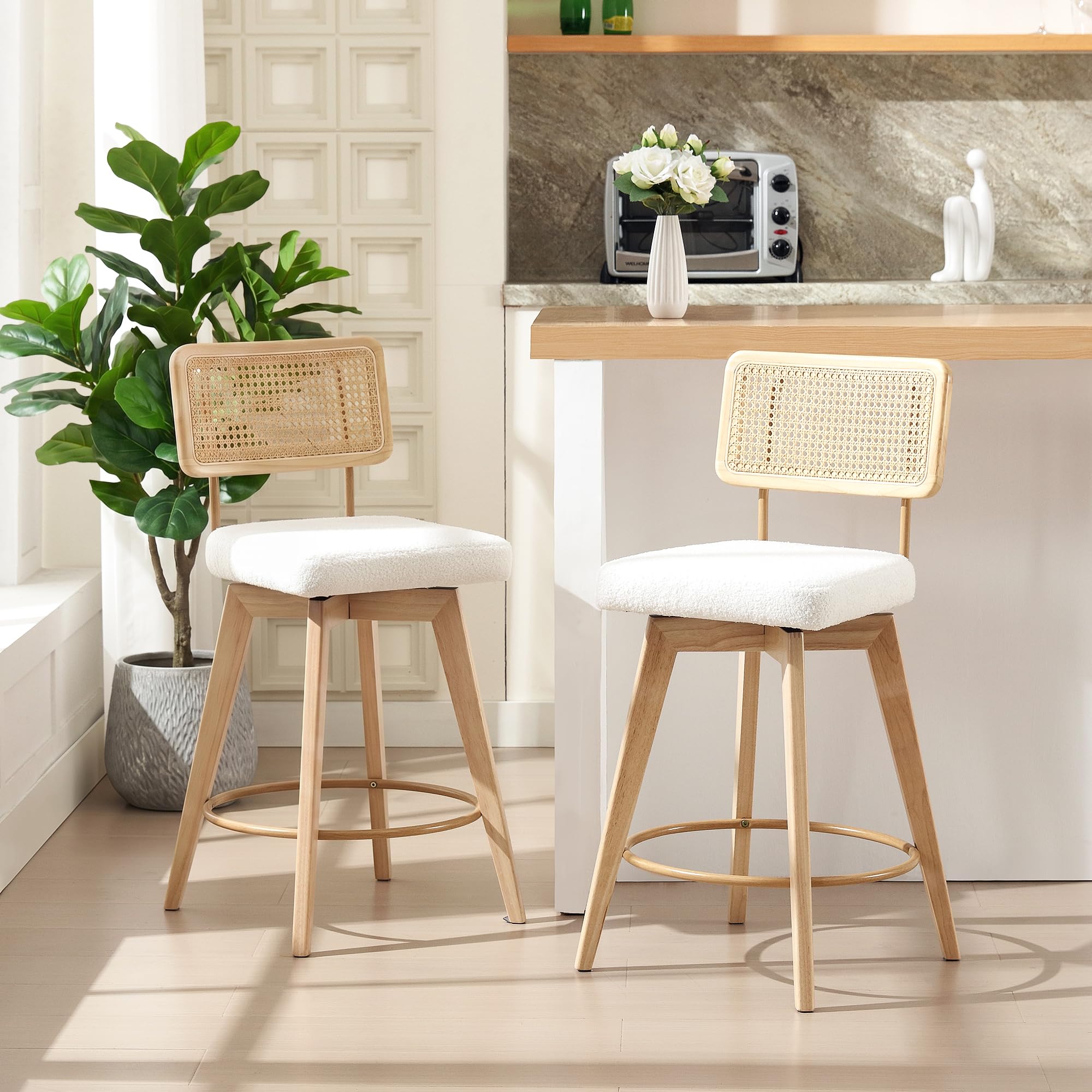 Zesthouse Wooden Breakfast Bar Stools Set of 2 with Rattan Back, White
