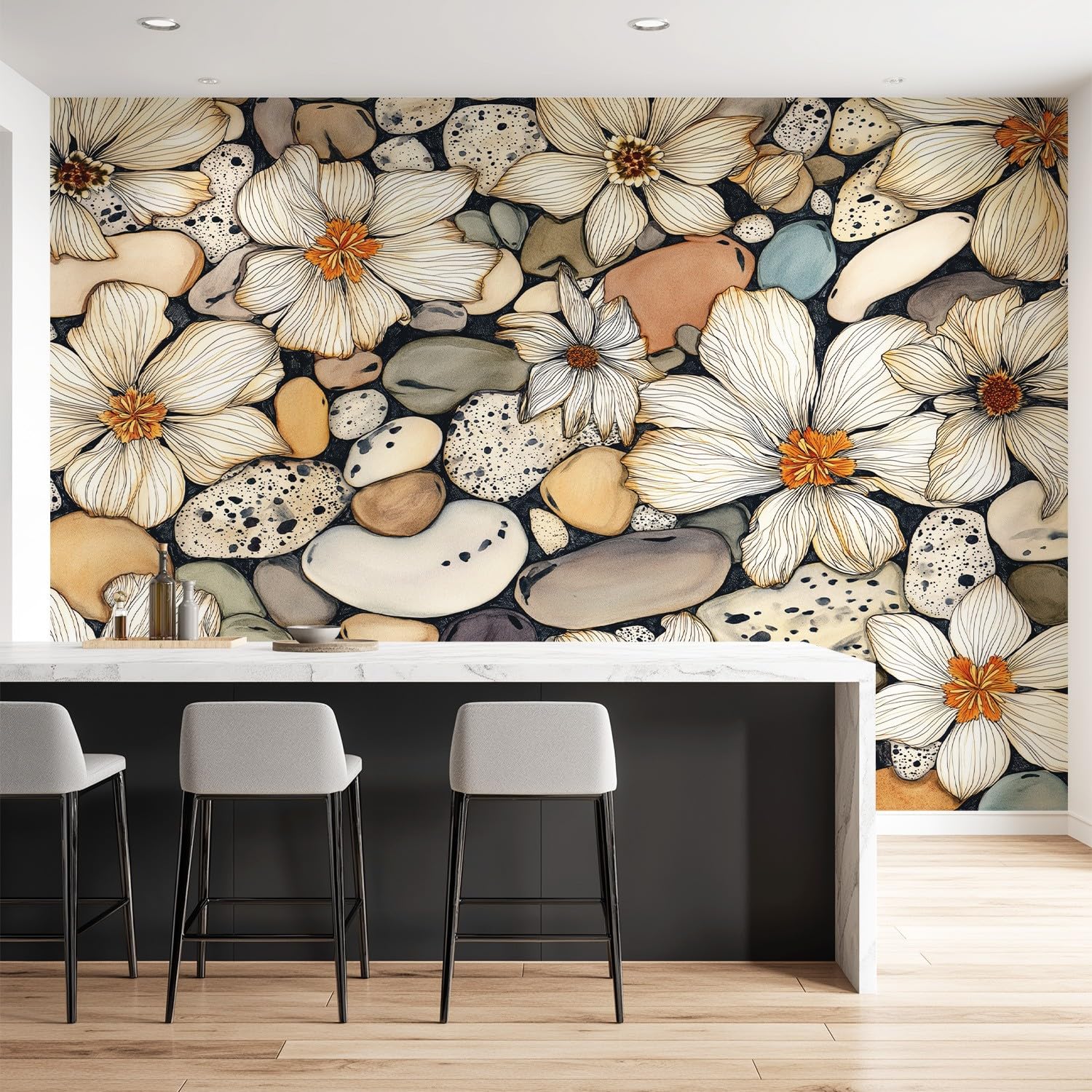 Panoramiczna niestandardowa tapeta 3D mural japoński, elegancki, wyciszony wzór, kwiatowy, kamień, dekoracja botaniczna plakat obraz projekt murale sztuka ścienna do sypialni pokoju nastolatka