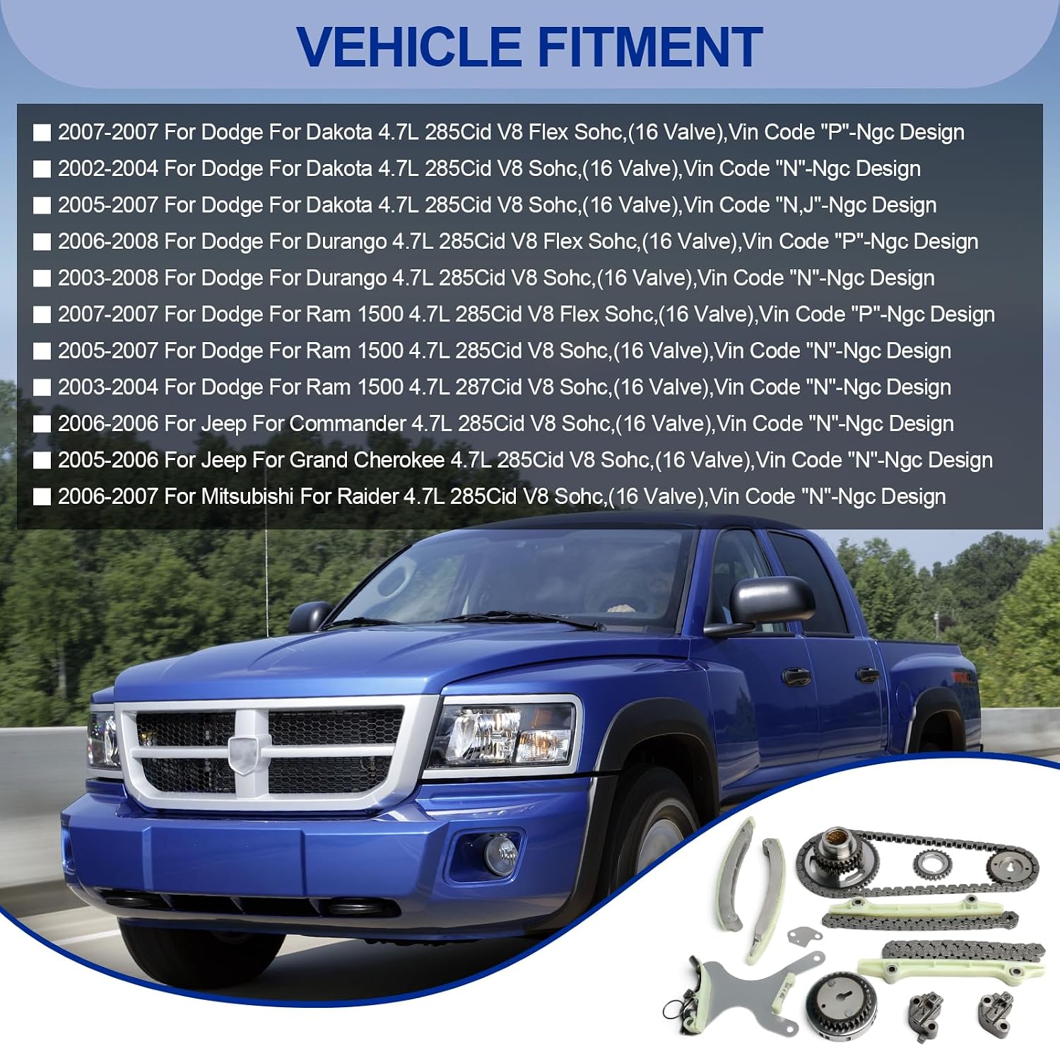 Timing Chain Kit For 2006 For Jeep Commander,2002-2007 For Dodge Dakota,2003-2008 For Dodge Durango,2005-2006 For Jeep Grand Cherokee,2006-2007 For Mitsubishi Raider,2003-2007 For Dodge Ram 1500 NGC
