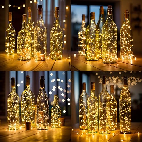 Miniatura 6 de Paquete de 20 luces para botellas de vino con corcho que funcionan con pilas, 20 luces LED de alambre plateado para botellas de licor, tarros,