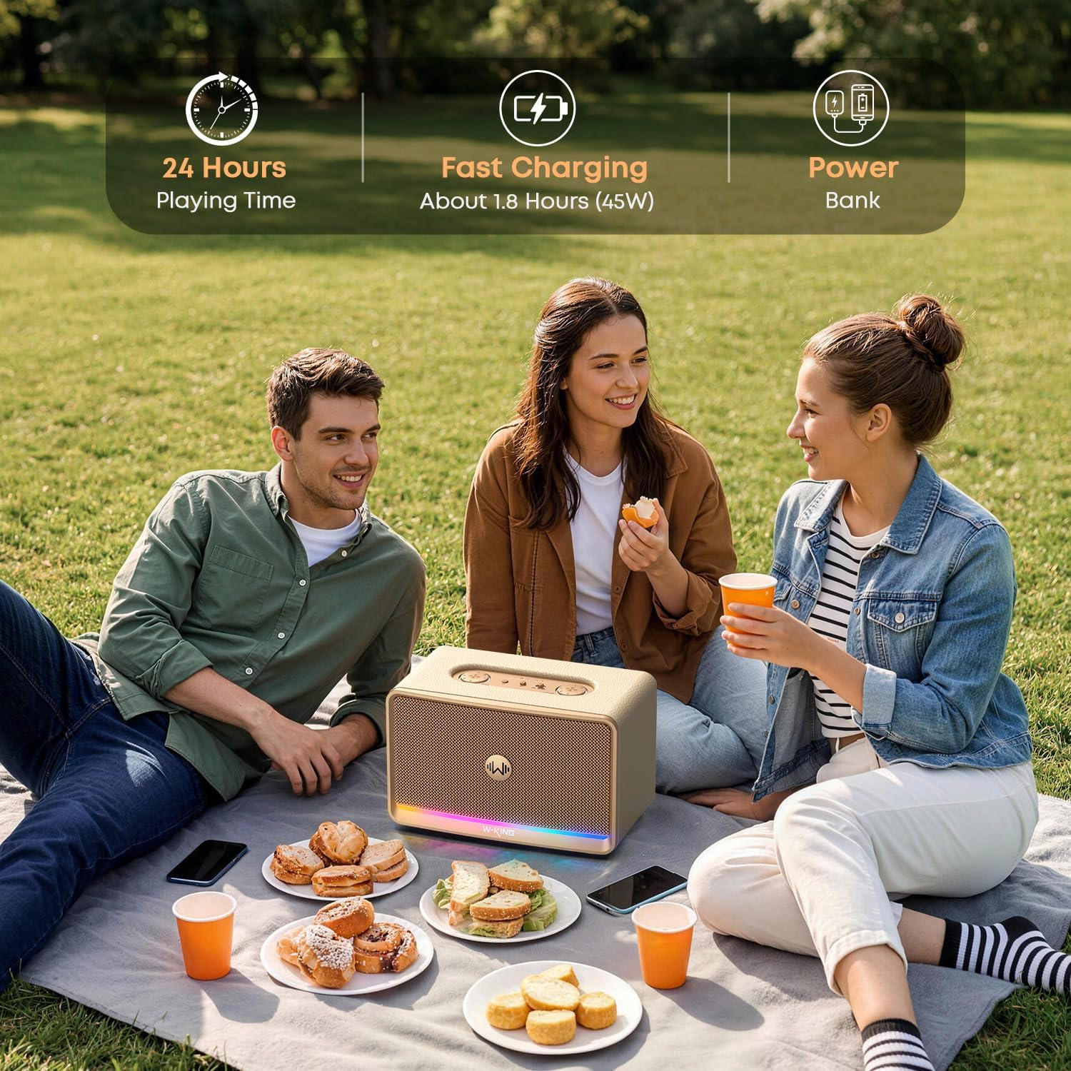 W-KING Bluetooth Home Speaker 210W Max- Retro Wireless Speakers with Rich Bass, 24H Playtime, BT5.4/AUX/TF/USB Inputs, Fast Charging, 4-Color Ambient Light, Portable Speaker for Home/Picnic/Outdoor