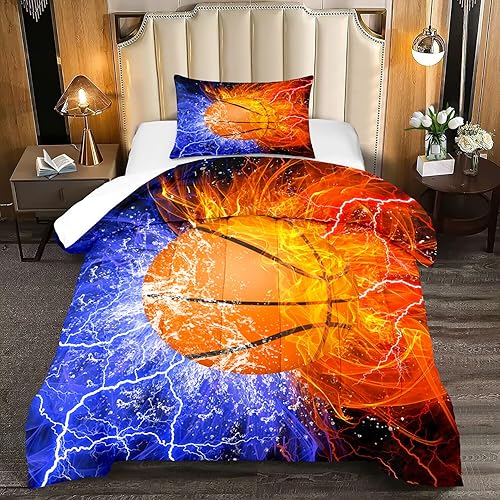 Juego de edredón de baloncesto, tamaño Twin, para niños, ropa de cama de baloncesto, juego de edredón deportivo de microfibra tamaño Twin para