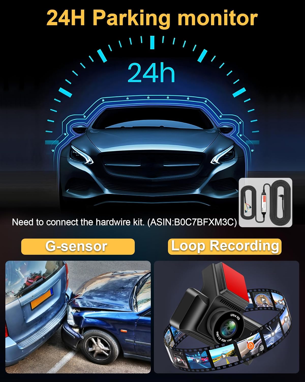 Vtopek W19S Dashcam 24-hour parking monitor, G-sensor for collision detection, and loop recording feature.