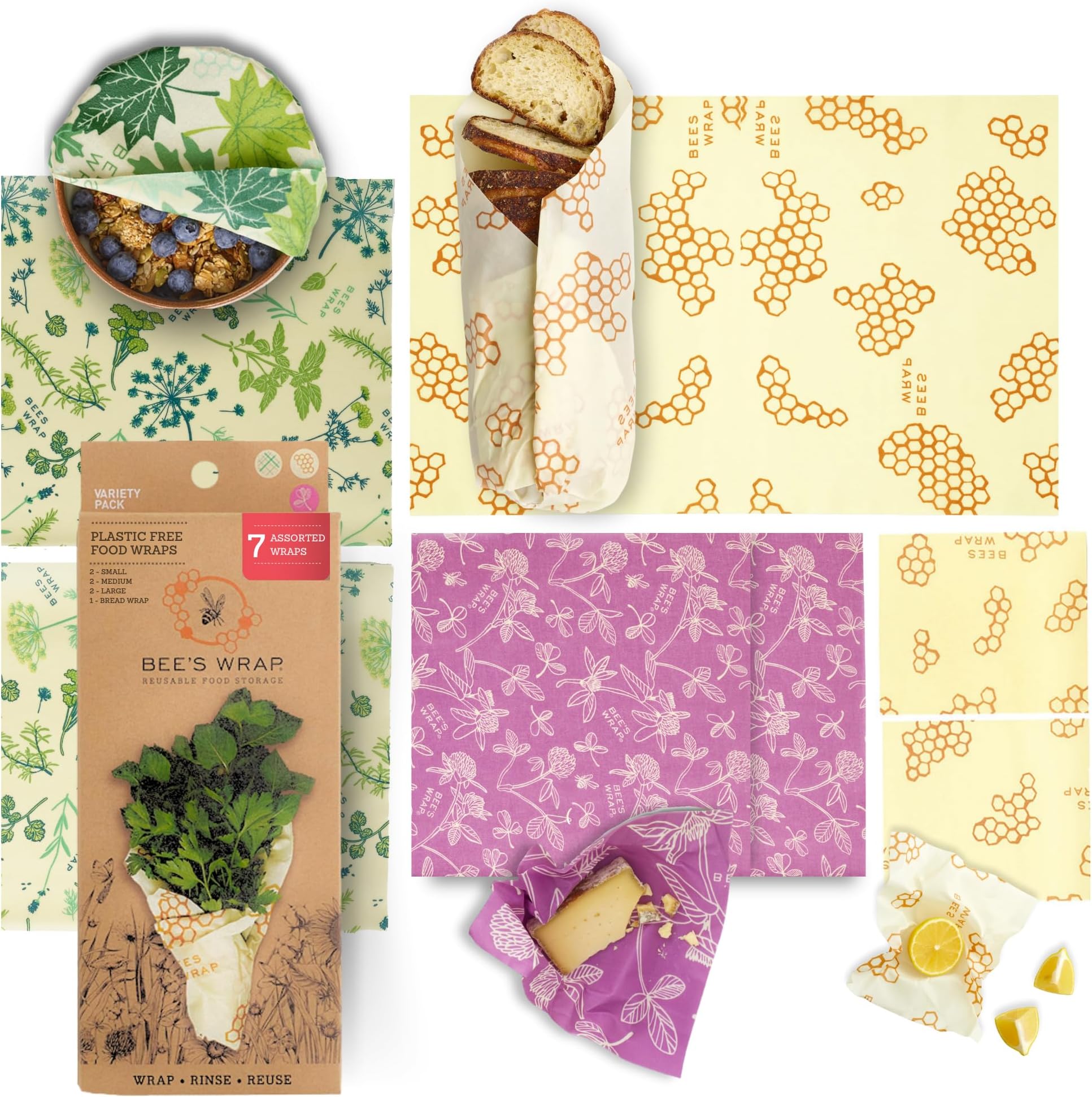 Bee's Wrap Reusable Beeswax Food Wraps Made in the USA, Eco Friendly Beeswax Wraps for Food, Sustainable Food Storage Containers, 7 Piece Variety Pack, Assorted 7 Pack (2S, 2M, 2L, 1 Bread), Variety