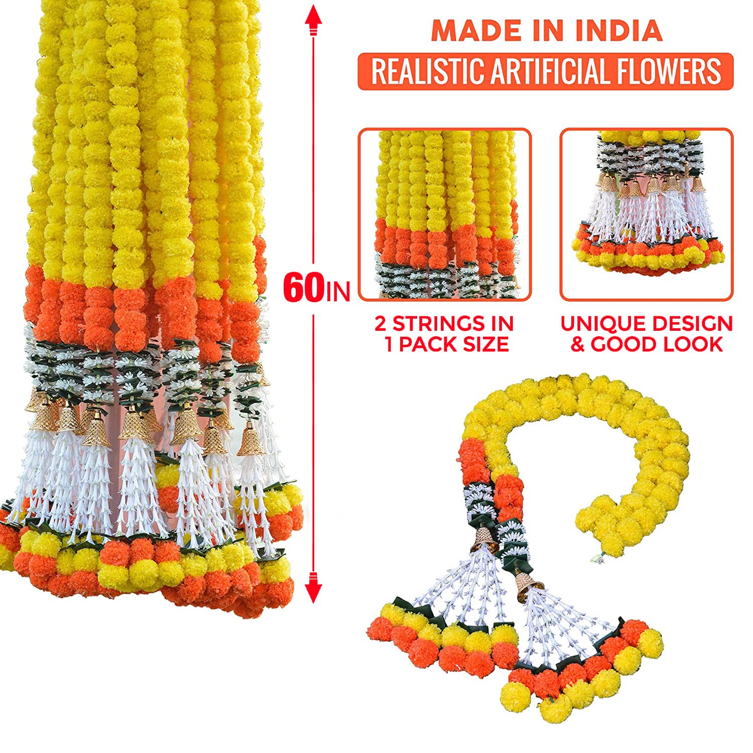 S2S Marigold Garland for Decoration Artificial Marigold Flowers Decorations Indian Décor for Pooja, Wedding, Events, Diwali, Decor 2Pcs (Yellow) (Pack of 2 Pcs) (Height - 72 Inch) - Image 2 thumbnail