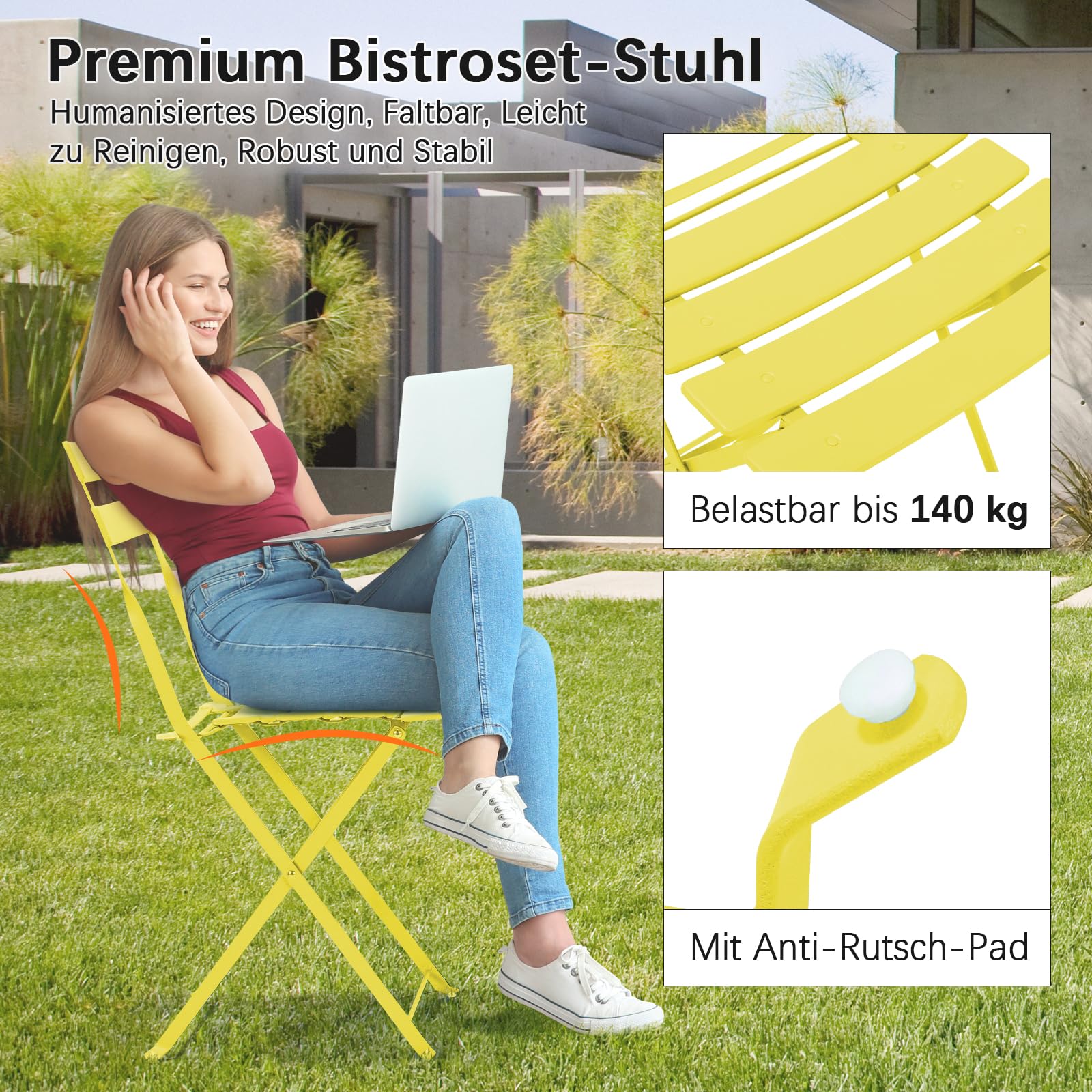 LIFERUN Juego de Muebles de Balcón de 3 Piezas, Bistro Set de Metal con 1 Mesa y 2 Sillas, Resistentes a la Intemperie, Plegables, para Pequeños Balcones, Terrazas y Jardines, Amarillo