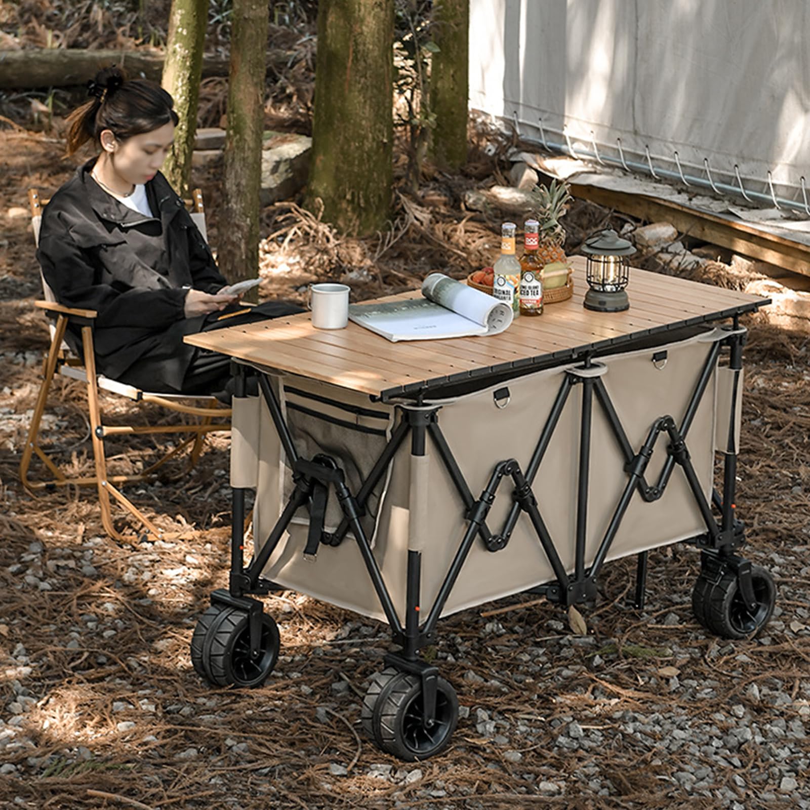 Zusammenklappbarer Faltwagen, Mehrzweckwagen mit Universalrädern und verstellbarem Griff, faltbarer Lebensmittelwagen für Outdoor, Garten, Camping, Einkaufen, Sport