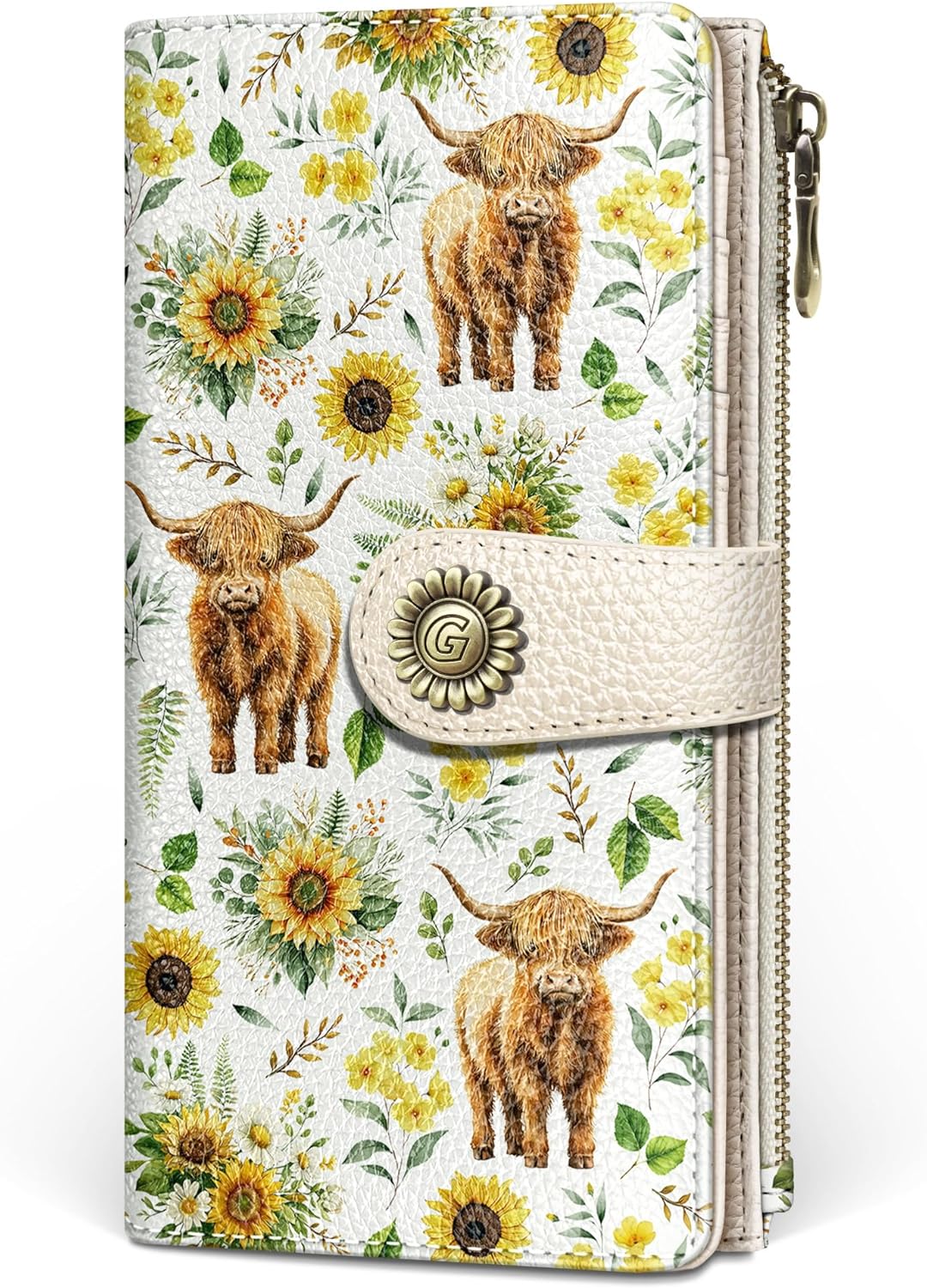 GIANCOMICS Highland Cow Womens Wallet RFID Blocking, Sunflower Credit Card Holder Bifold, PU Leather Travel Billfold, Long Cute Cash Purse, Zipper Coin Pocket Clutch, 11 Card Slot, Ladies Gift Woman
