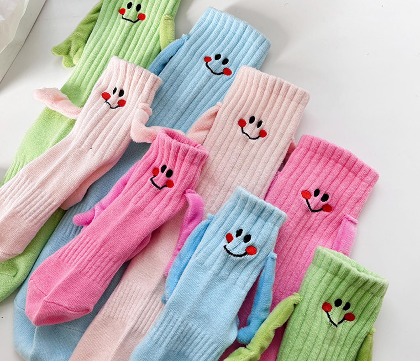 MIZMRSMAIS 2 Pairs Cute Kids Magnetic Hand Holding Socks Cotton Funny 3D Doll Child Hand in Hand Socks Mid-Tube Socks, Green, 6-9T