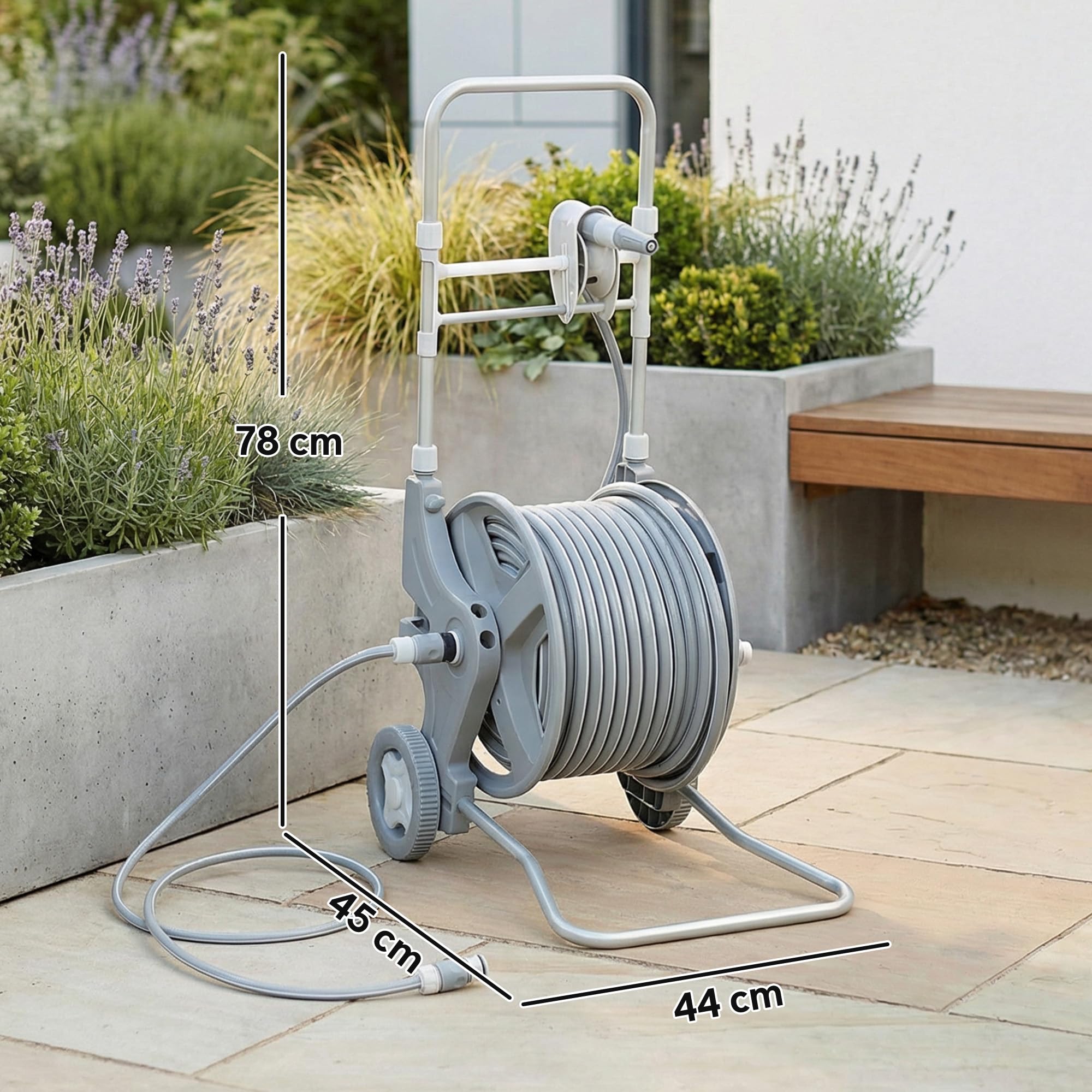 Outsunny Schlauchwagen 45 m mit 2 Sprühfunktionen 45 x 44 x 78 cm Grau | Kurbel, Schlauchführung, Wasserhahnadapter, Gartenschlauchwagen, Schlauchtrommel Schlauchabroller, für Garten Balkon