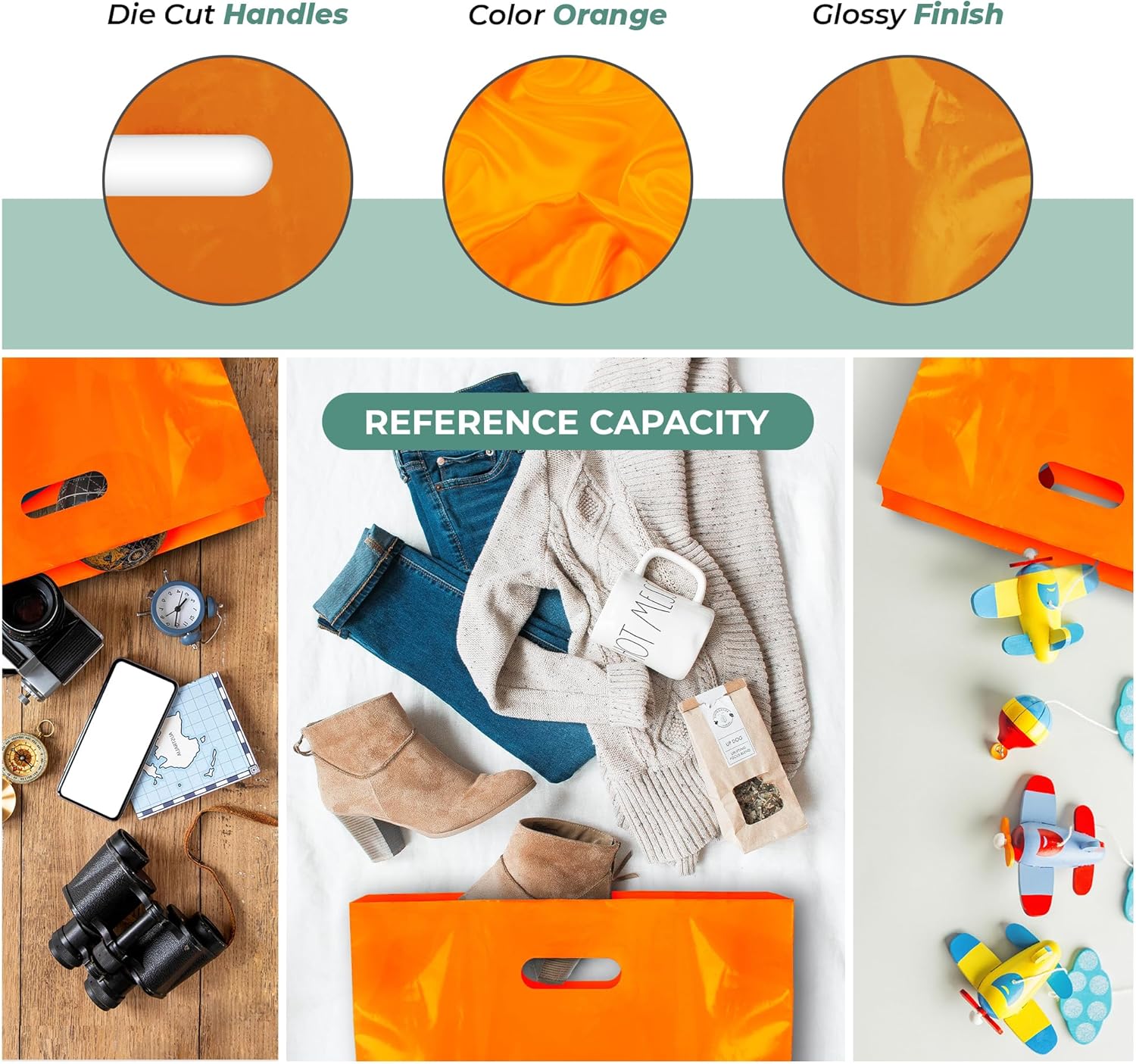Orange Merchandise Bags 100 Pack, Large 15 x 18 Inch Plastic Shopping Bags with 2 Inch Gusset and Die Cut Handles, Recyclable Bulk Bags for Retail Stores, Events, Gifts and Party Favors