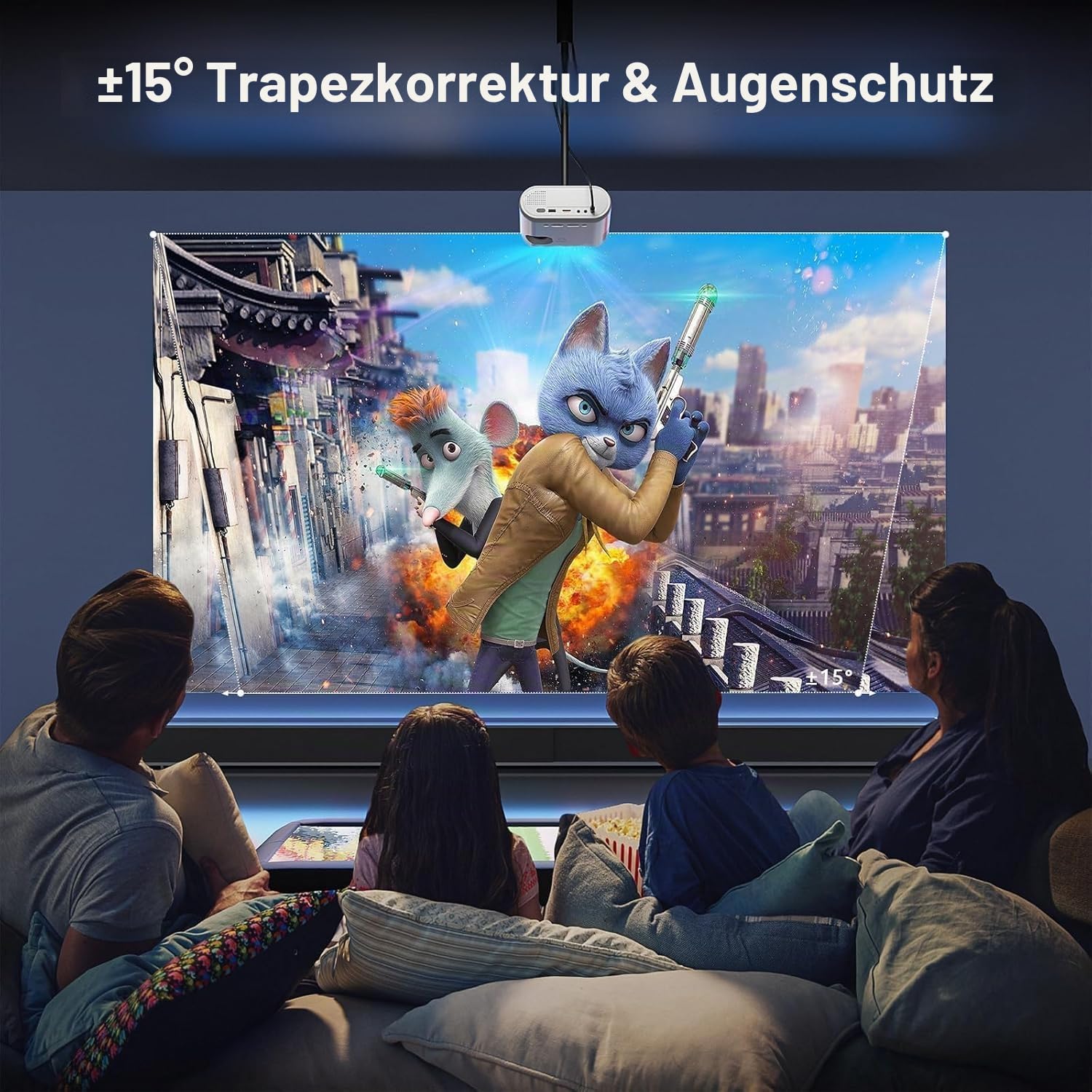 Mini Projektor mit Stativ, 12000L Kleiner Projektor Unterstützt Full HD 1080P, 50% Zoom, ±15° Trapezkorrektur, Handy Kompatibel mit HDMI, USB, AV