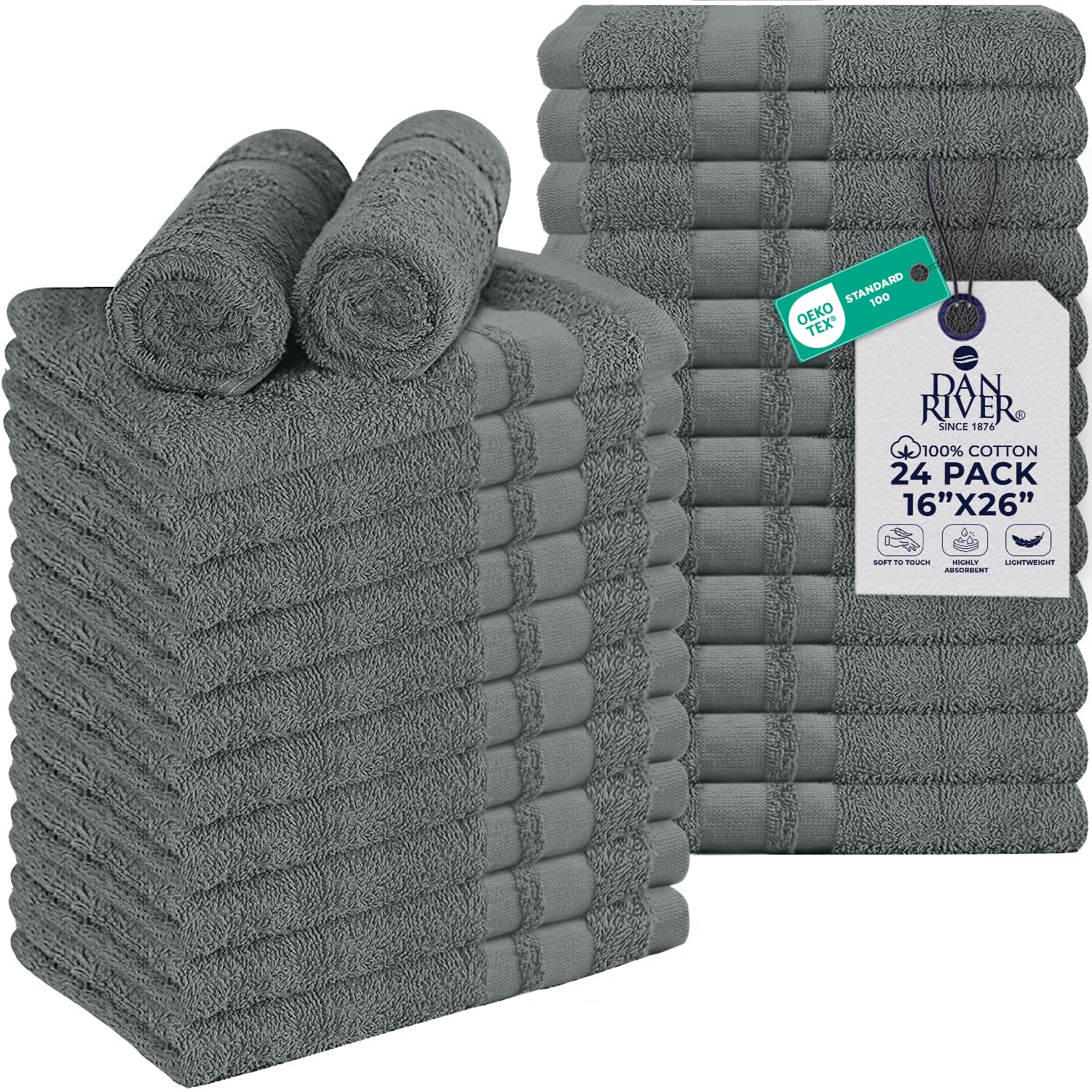 DAN RIVER Juego de 24 toallas de salón, ultra suaves, 100% algodón, paño de secado facial y de pelo a granel multiusos para gimnasio, maquillaje, spa, hogar, toalla de mano gris, paños reutilizables