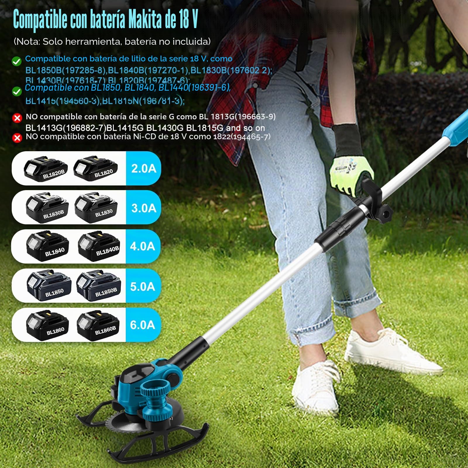 Desbrozadora con batería con 2 baterías de 2000 mAh, compatible con Makita de 18 V, cabezal de malas hierbas y 3 tipos de cuchillas, motor sin escobillas