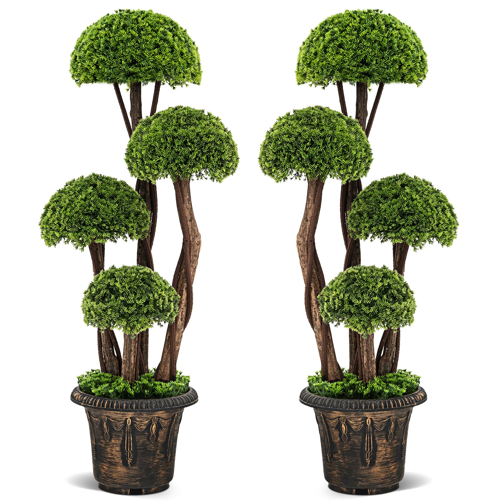 DORTALA 3FT Artificial Cypress Topiary Tree Set of 2, Tall Ball Fake Boxwood Topiary Tree, Decorative Indoor Outdoor Topiaries Plant with Golden Cement Pot for Front Door, Entrance, Office