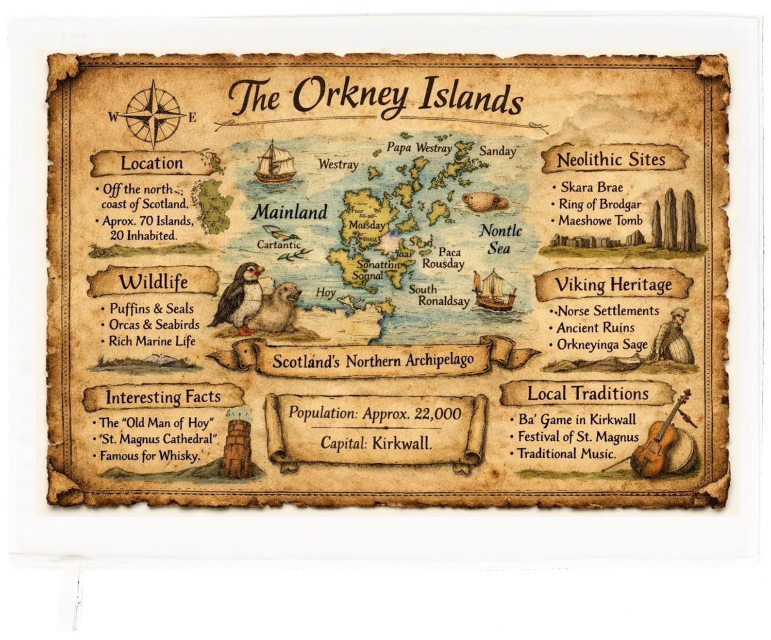 Half A Donkey White Orkney Islands Tea Towel – Illustrated Map Of Scotland’s Northern Archipelago