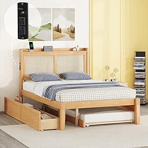 Amazon.com: Miscoos Full Size Walnut Wood Bed Frame with Rattan ...