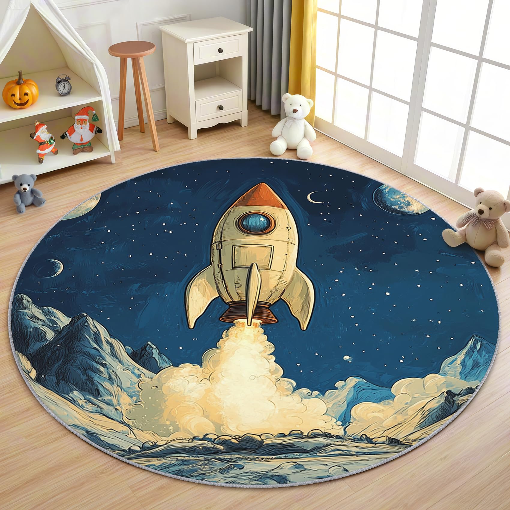 Rakete Teppich Rund 120cm Kurzflor - Waschbare Teppiche Wohnzimmer Kinder Weltraum Raketen Motiv - Runder Teppich 120 Durchmesser - Bettvorleger Schlafzimmer rutschfest Weich