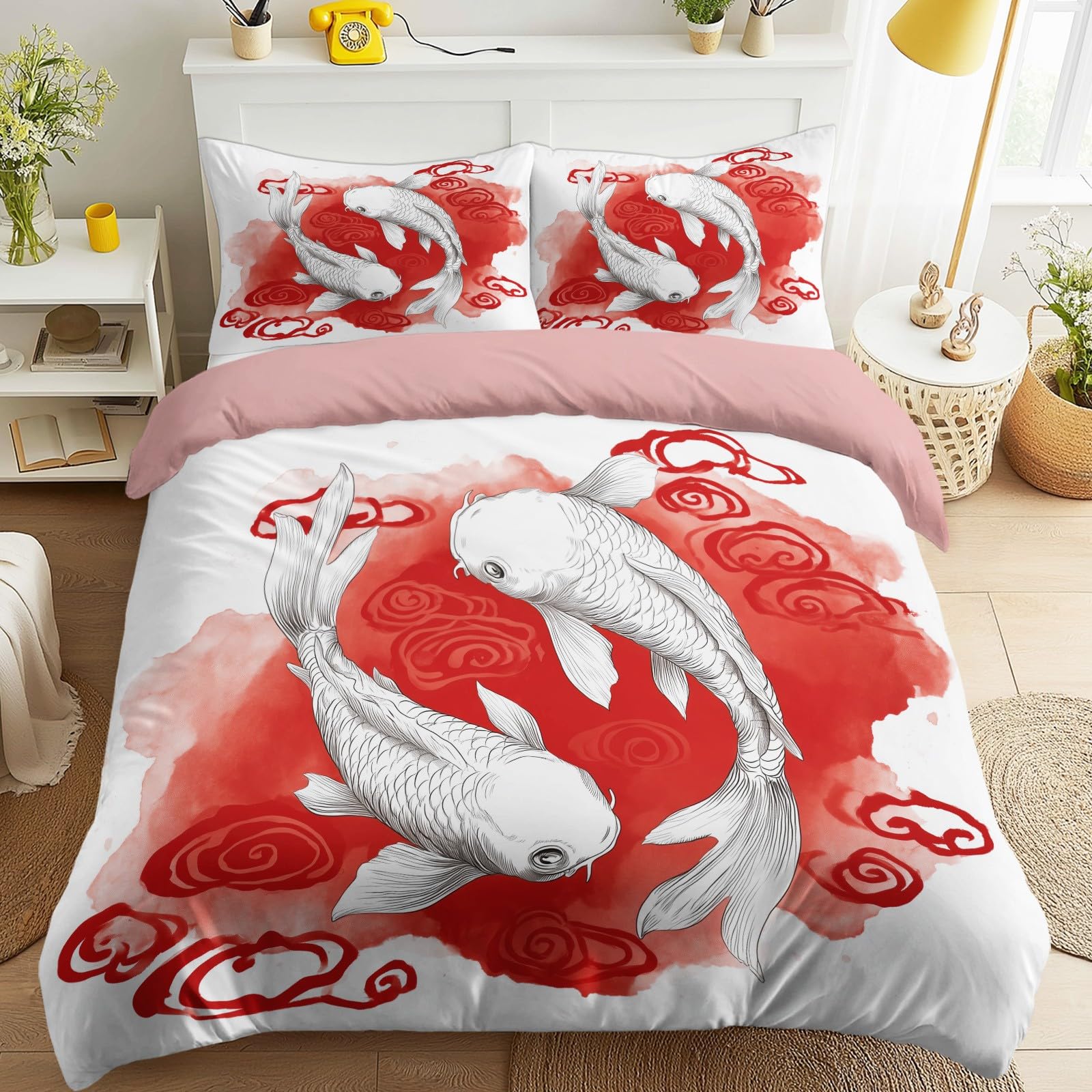 Housse de couette carpe koï sérénité 260x240 rouge pour apaiser le sommeil des ados et adultes