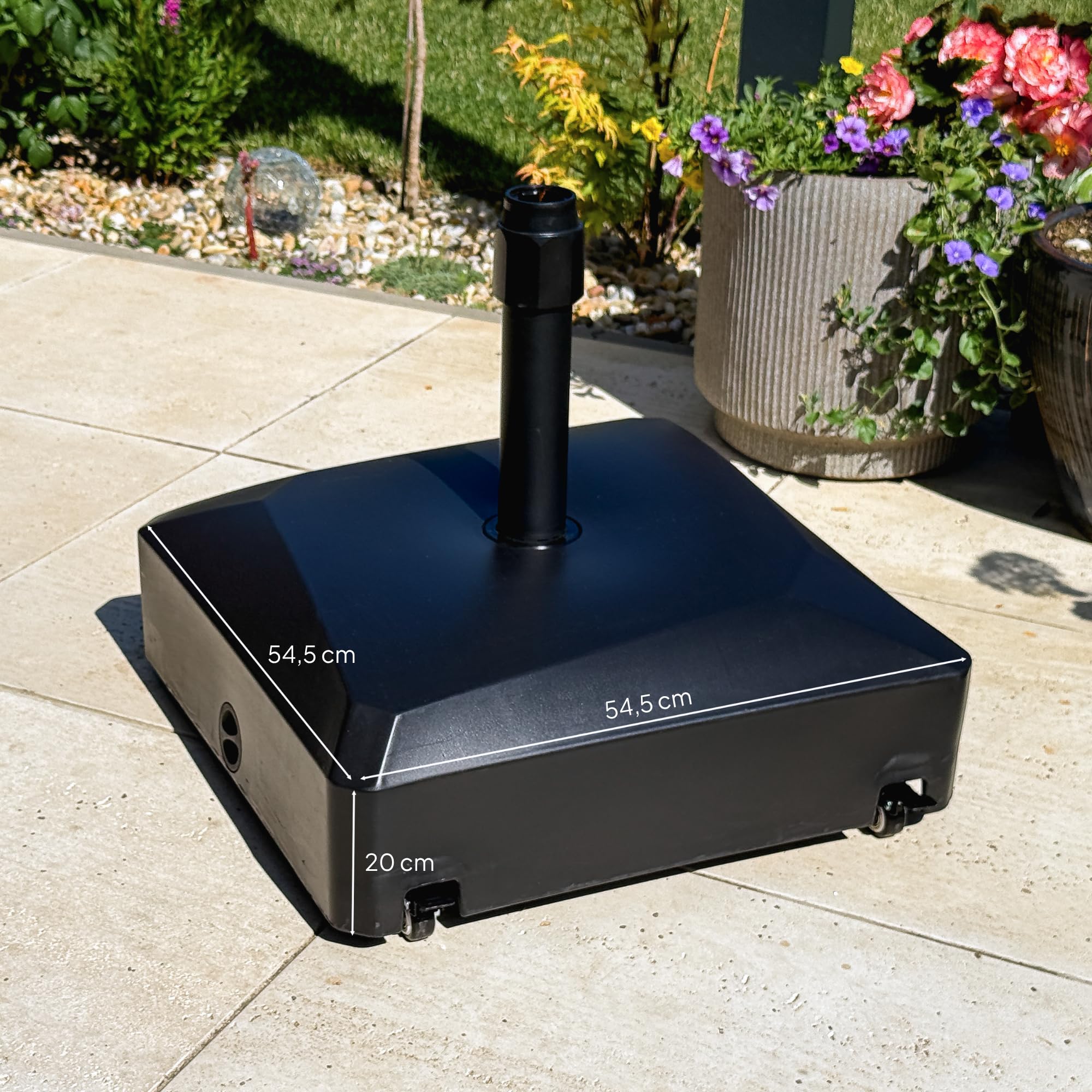 UNIGARDIA Pied de Parasol sur roulettes 76 kg - Lourd à Remplir Eau/Sable - pour Mâts de Ø 35–48 mm - Anti-Vent, Terrasse et Jardin 54,5x54,5x20 cm