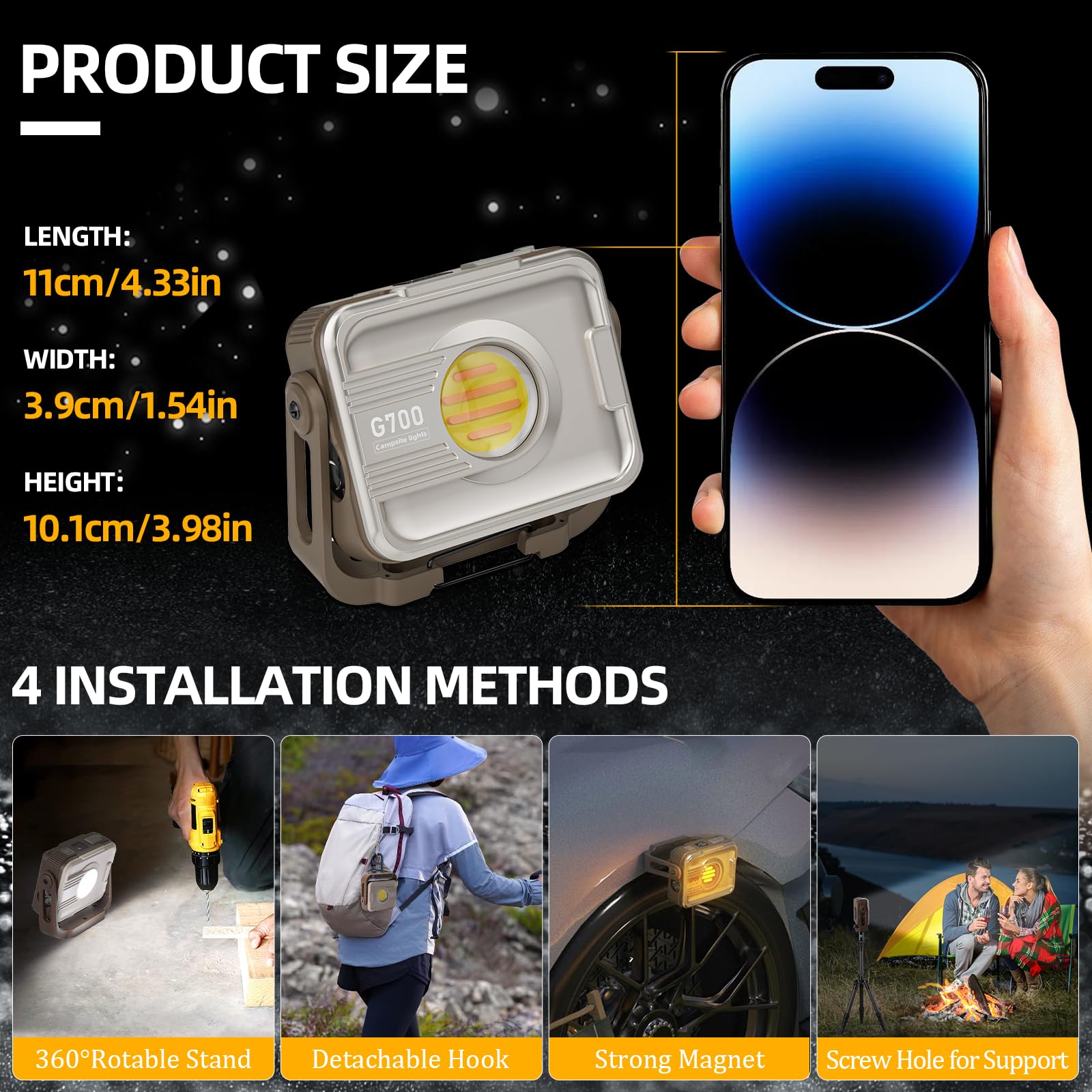 ERAY Foco LED Recargable - 1200 Lúmenes, 7 Modos, Batería 6000mAh, IP54 Impermeable, Imán y Gancho, Luz de Trabajo Portátil Ideal para Reparación, Camping, Garaje, Pesca, Taller, Emergencia