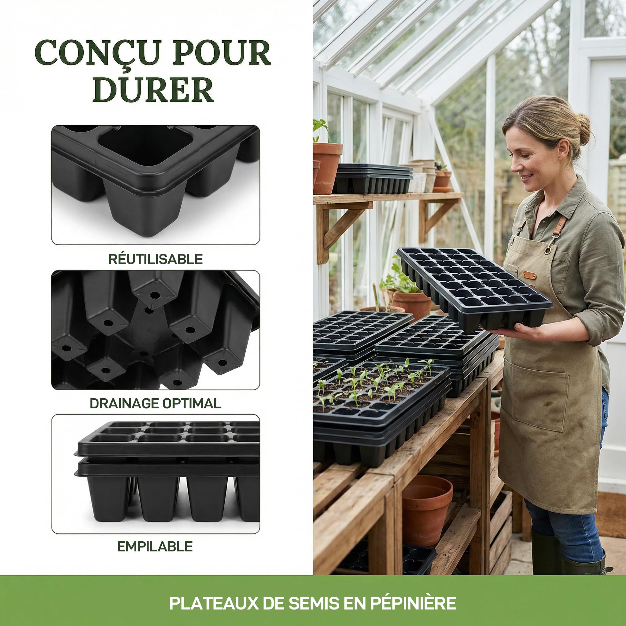 12 Plateaux de Semis Alvéolés en PP, avec Trous de Drainage, Bacs de Germination pour Semis de Légumes, Fleurs, Fruits, Plaques Pépinière Réutilisables pour Jardinage Intérieur, 21 cellules
