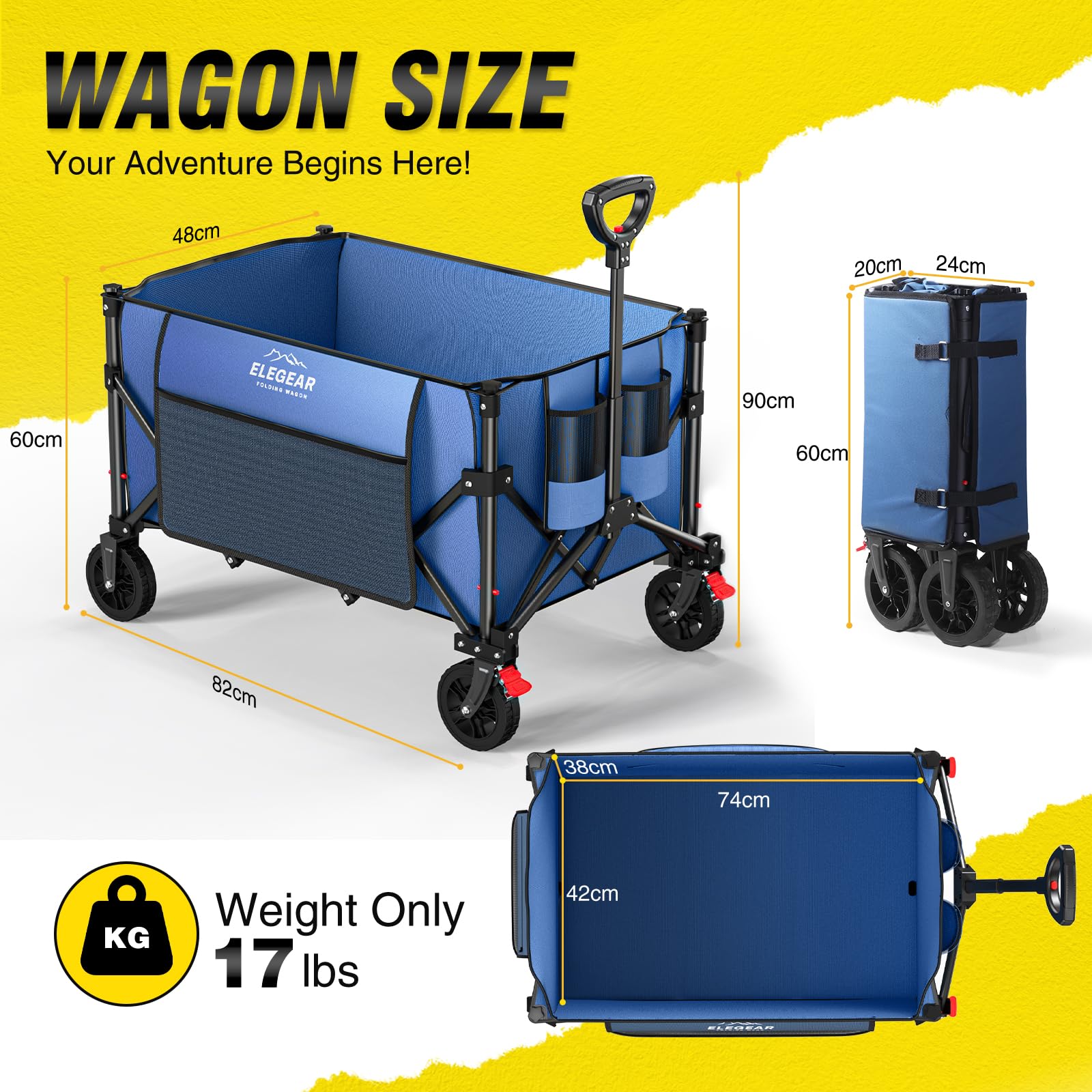 Elegear Carro de Playa Plegable con Ruedas 150L, Carro de Jardín Plegable con asa Ajustable y Portavasos, Carrito Transporte Plegable para Camping Compras Deportes, Azul