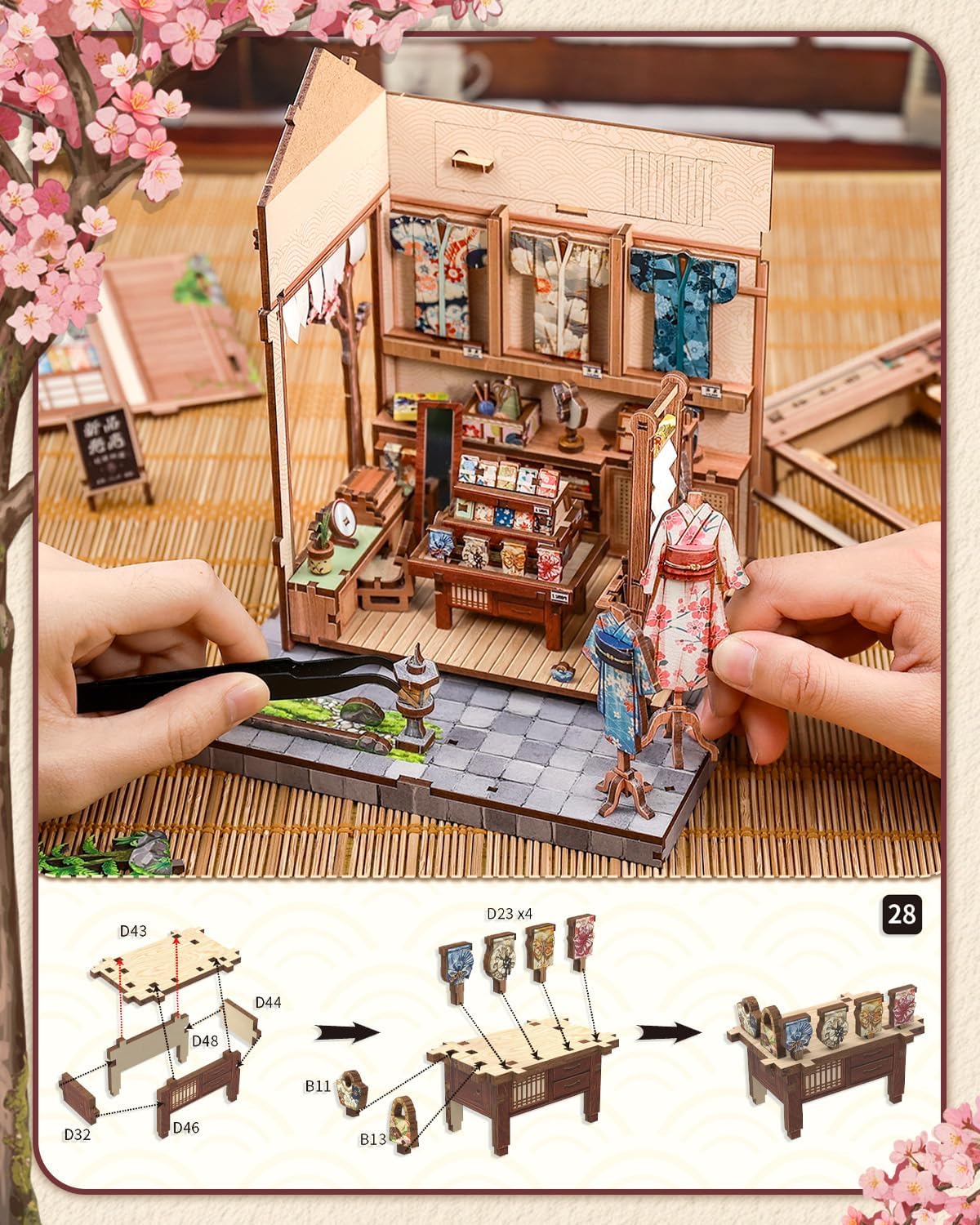 Hands assembling a miniature table with small parts