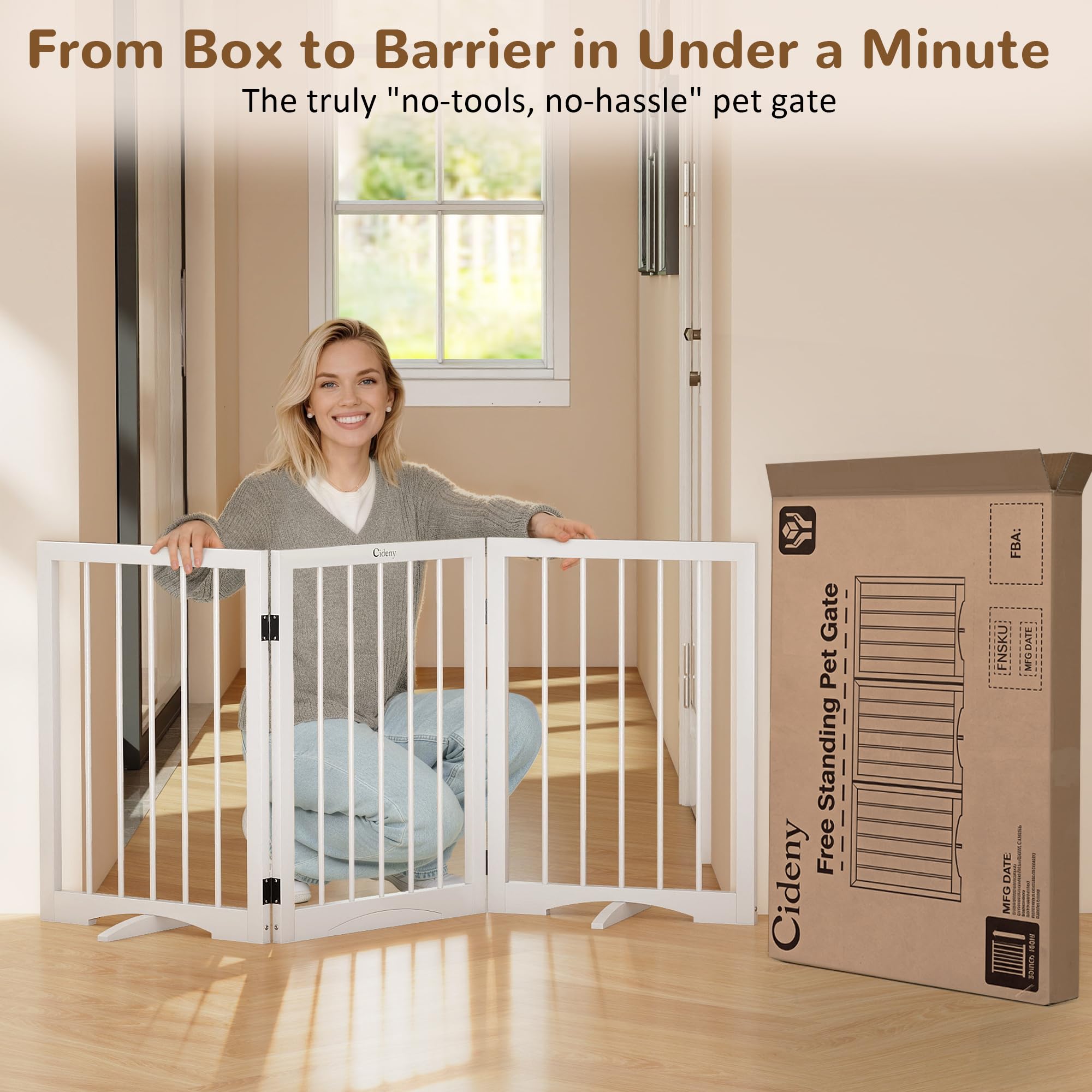 Cideny Free Standing Dog Gate Indoor, Foldable Dog Gate for Doorways Stairs Hallways, 3-Panel Freestanding Pet Gate with Support Feet for Stability, Folding Puppy Gate Easy to Move, Doggy Gate 54"x24" — view 5