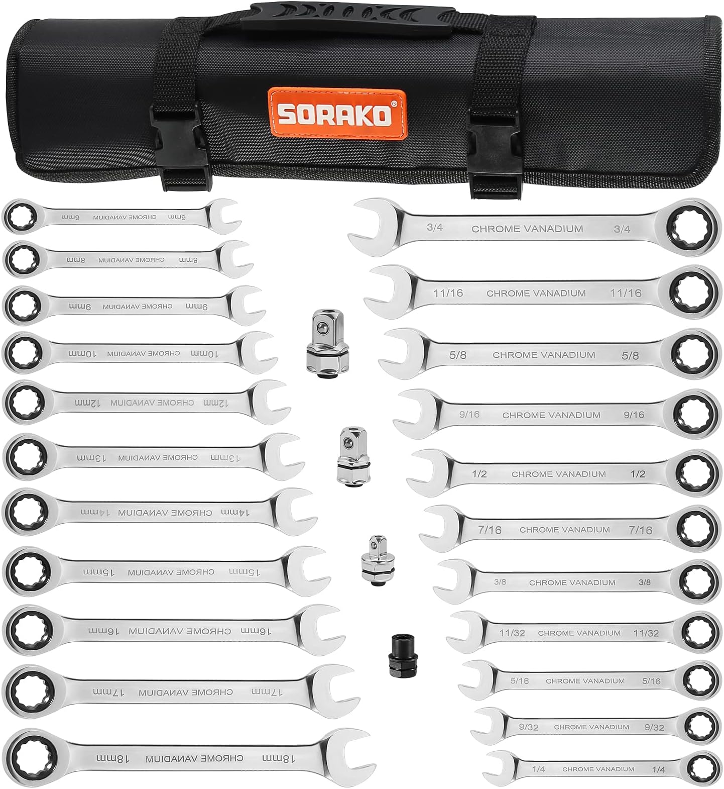 SORAKO Ratcheting Combination Wrench Set, 22 Piece SAE Metric Ratchet Wrench Kit with Bit&Socket Adapter, 1/4″ - 3/4″, 6-18mm, Chrome Vanadium Steel Wrench Set with Carrying Bag