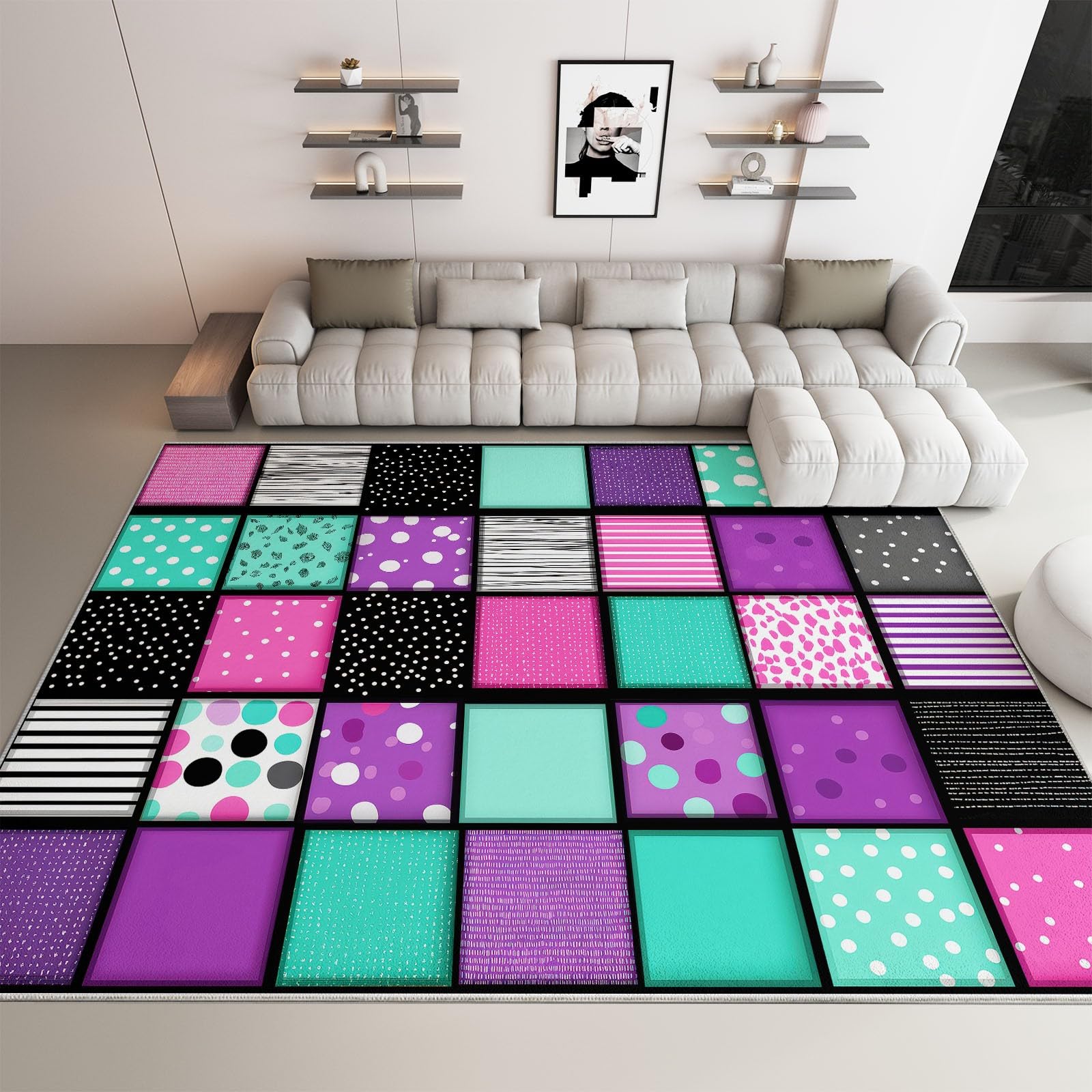 Dywan zmywalny 140 x 200 cm Abstrakcyjny do salonu, geometryczny wytrzymały antypoślizgowy dywanik w kropki - miękki dywanik z nadrukiem do sypialni sypialni kuchni