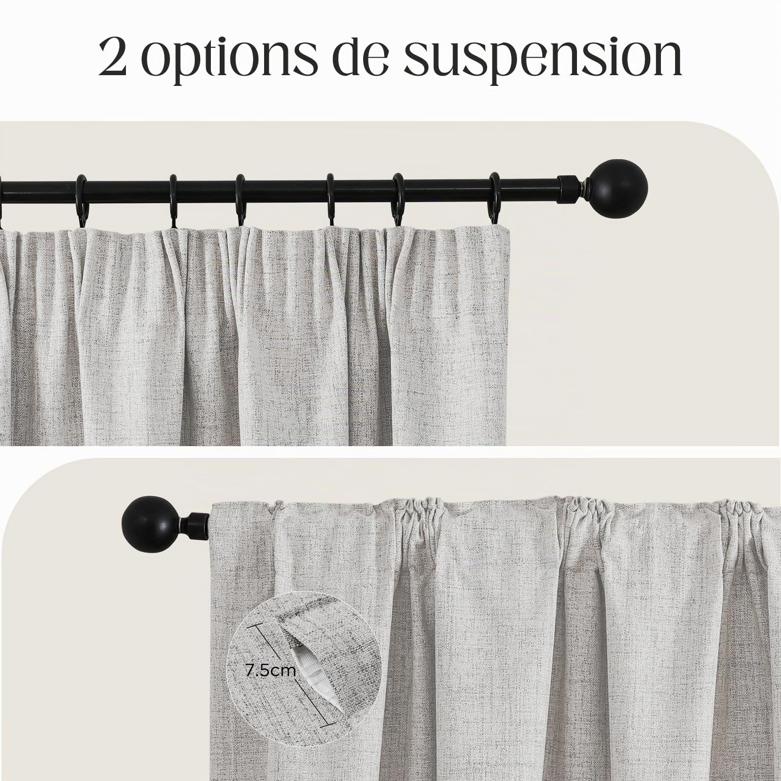 CUCRAF Rideau Occultant avec Galon Fronceur,100% Opacité,H225 x L140 cm,Lot de 2 Panneaux Effet Lin pour Salon,Chambre à Coucher,Chambre Enfant,Système de Rail