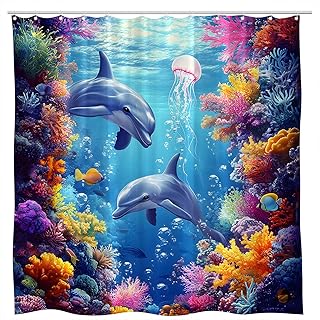 Dolphin Shower Curtain Ocean Underwater World Tropical Nautical Jellyfish Coastal Seabed Sea Animal Marine Life Seaweed Blue Fantasy Bathroom Curtains Set Polyester Fabric with Hooks 70"W x 70"L