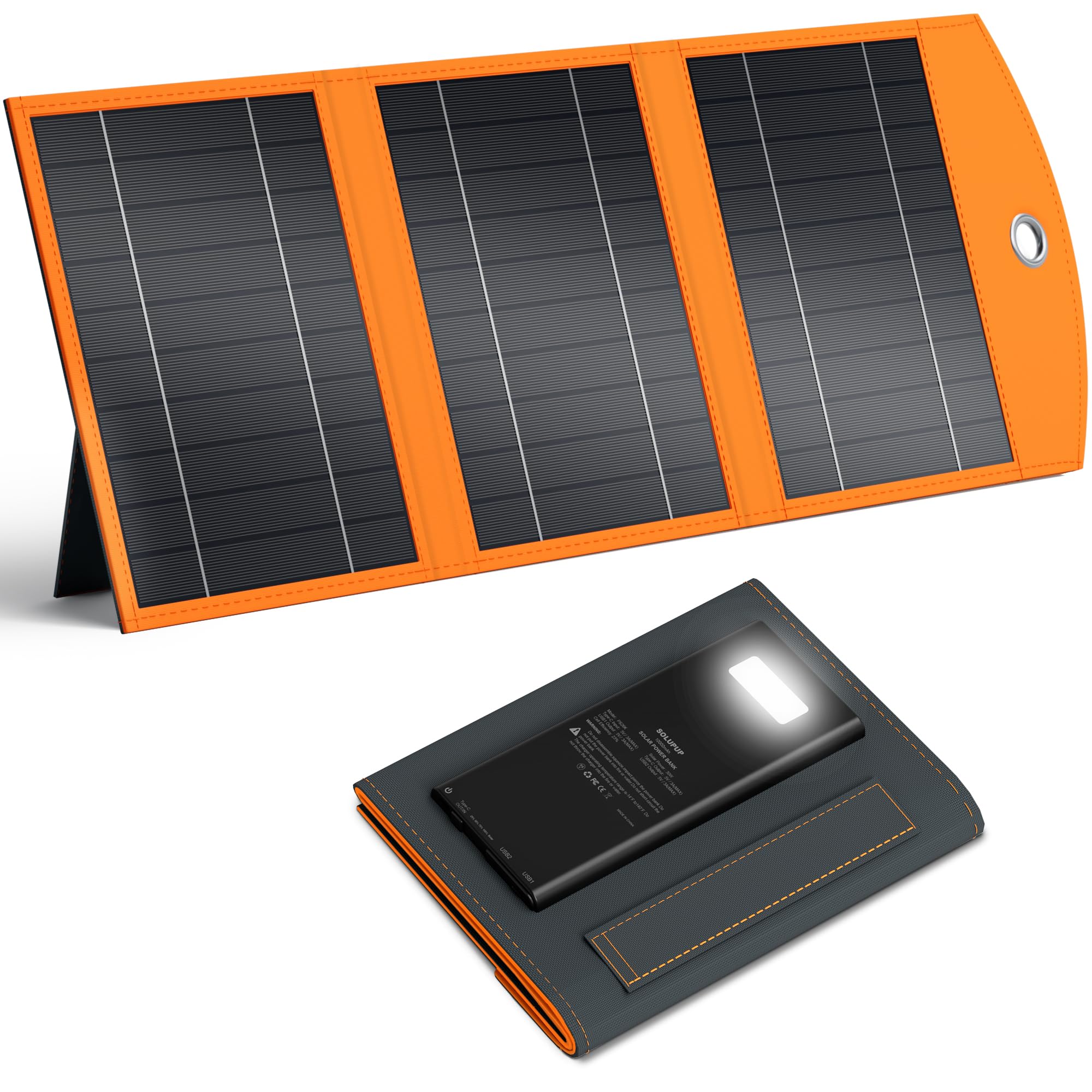 SOLUPUP 10000mah Solar Charger Power Bank, 30W Foldable Portable Solar Panel, Fast Charging with 1 Type-C & 2 USB-A Ports, Ipx5 Waterproof, for Phone, Tablets & Multiple Devices, Camping Outdoor Use