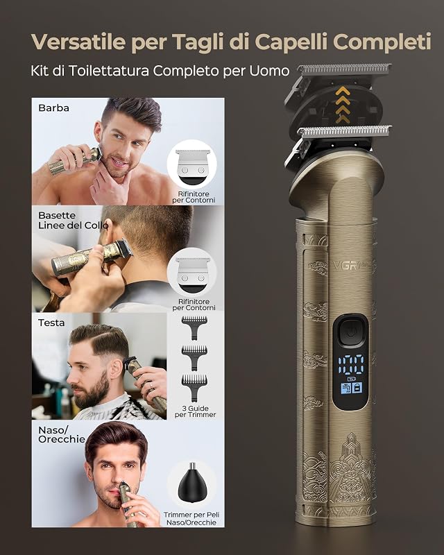 Set profesional de tuns și bărbierit pentru bărbați VGRPRO, auriu, aparat de ras electric cu folie, 4 trepte de viteză, afișaj LED pentru baterie