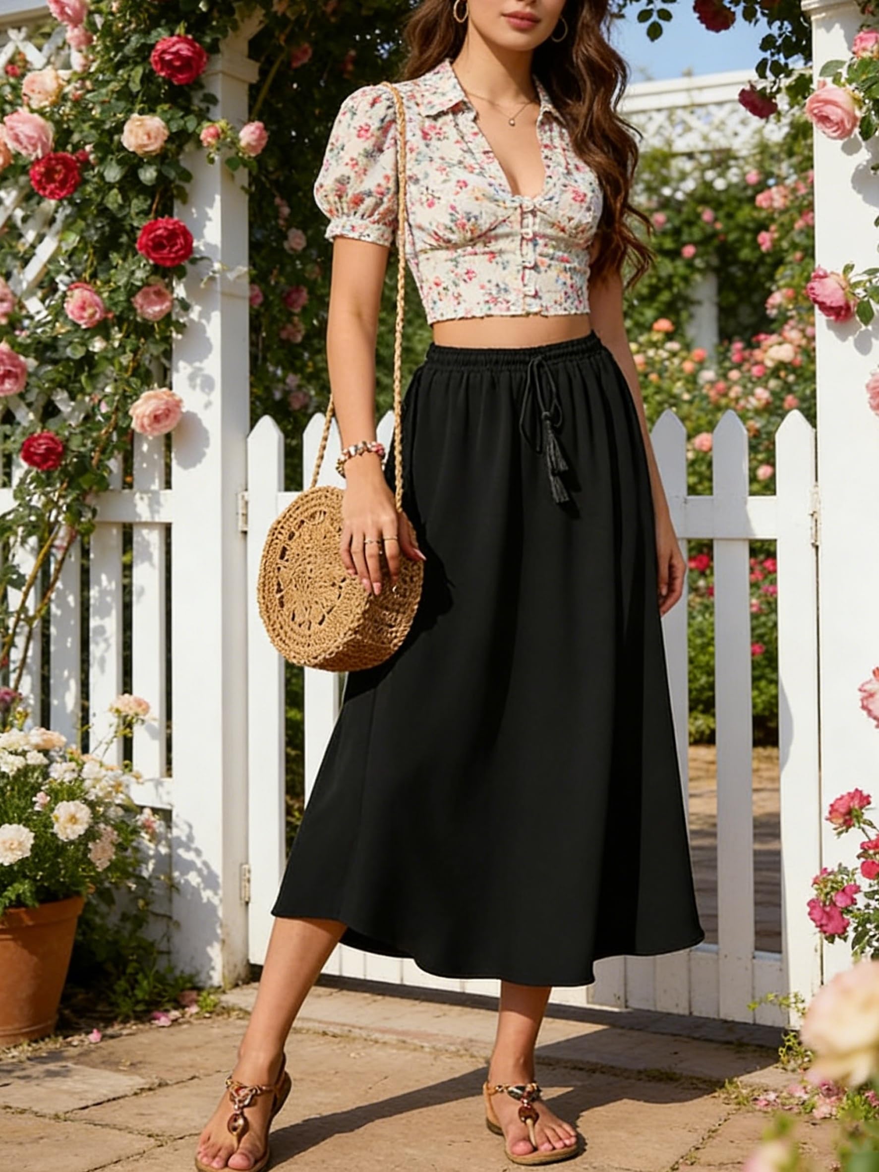 Jupe Femme Casual Jupe D'été Maxi Jupe A-Ligne Élégante Maxirock avec Cordon Longue Jupes Élastiques avec Poches