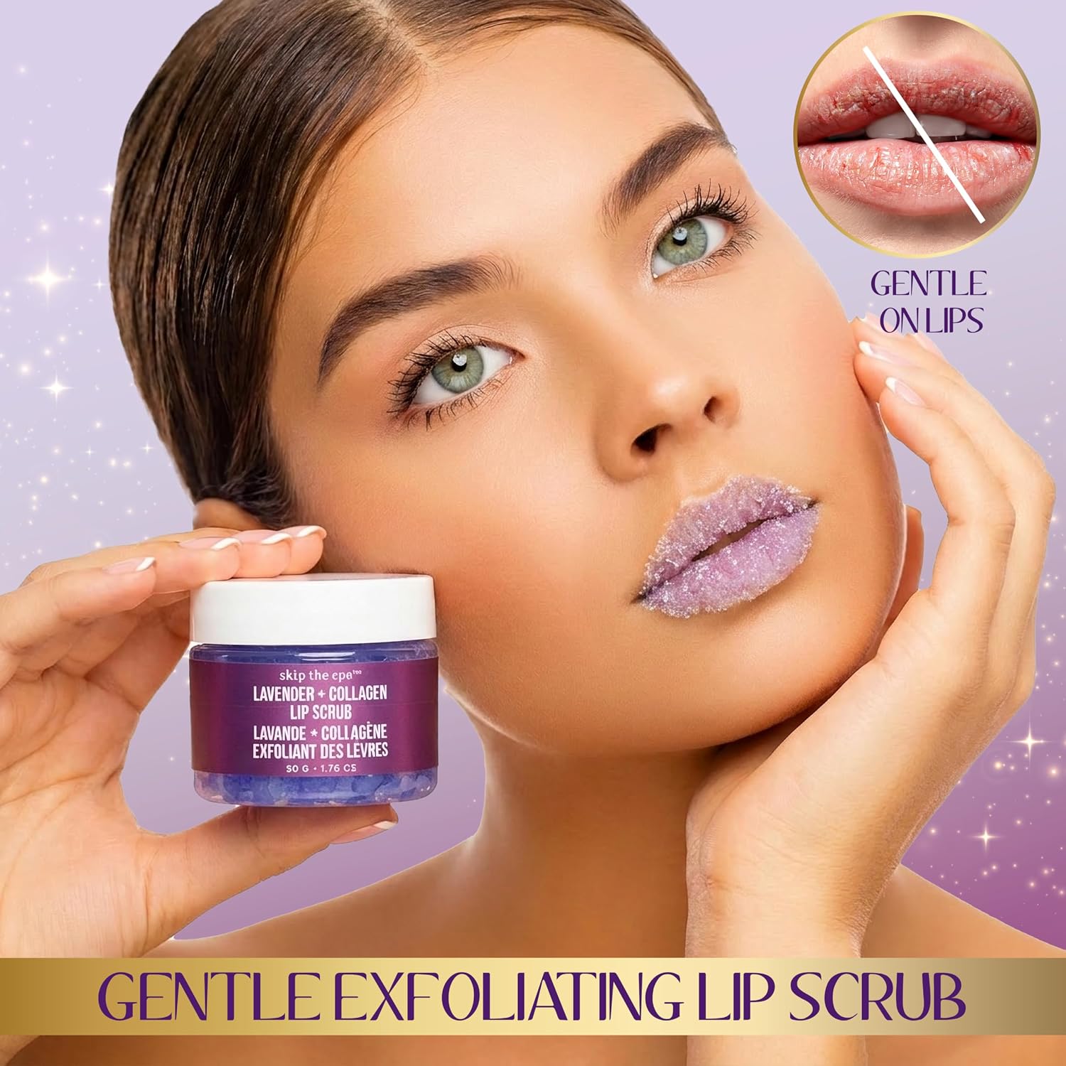 2pc Lavender & Collagen Lip Scrub Set - Smoothing & Plumping 50g 1.76 oz | Lip Exfoliator Kit. Lip-Shaped Silicone Scrubber & Dual-Sided Applicator Tool. Exfoliating Lip Care.