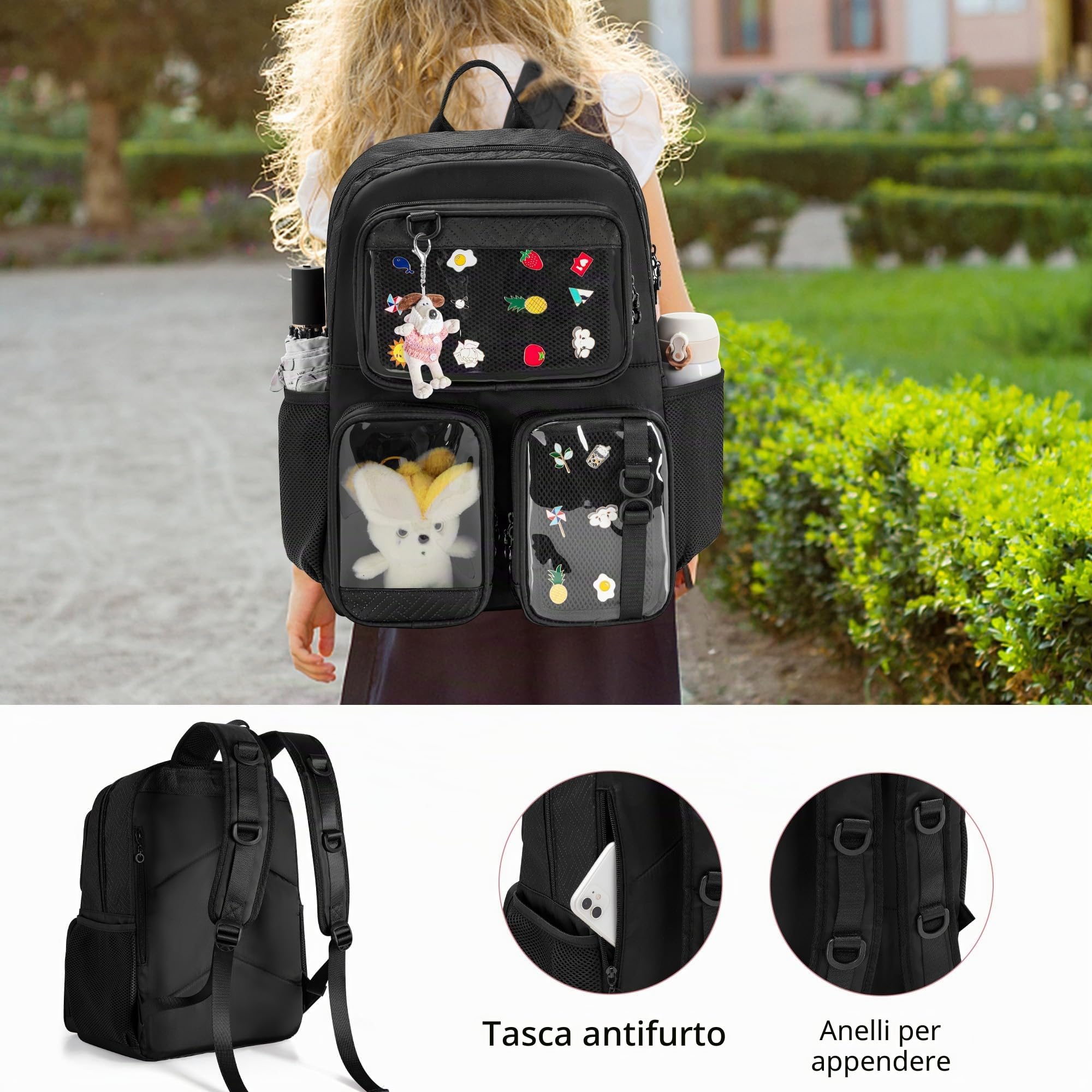 Zaino Ita Bag Kawaii con Pannello Espositivo per Spille, Nero | 2 Inserti Rimovibili, Scomparto per Laptop da 15,6", per Collezionisti di Spille/Comic Con, Solo Borsa Vuota